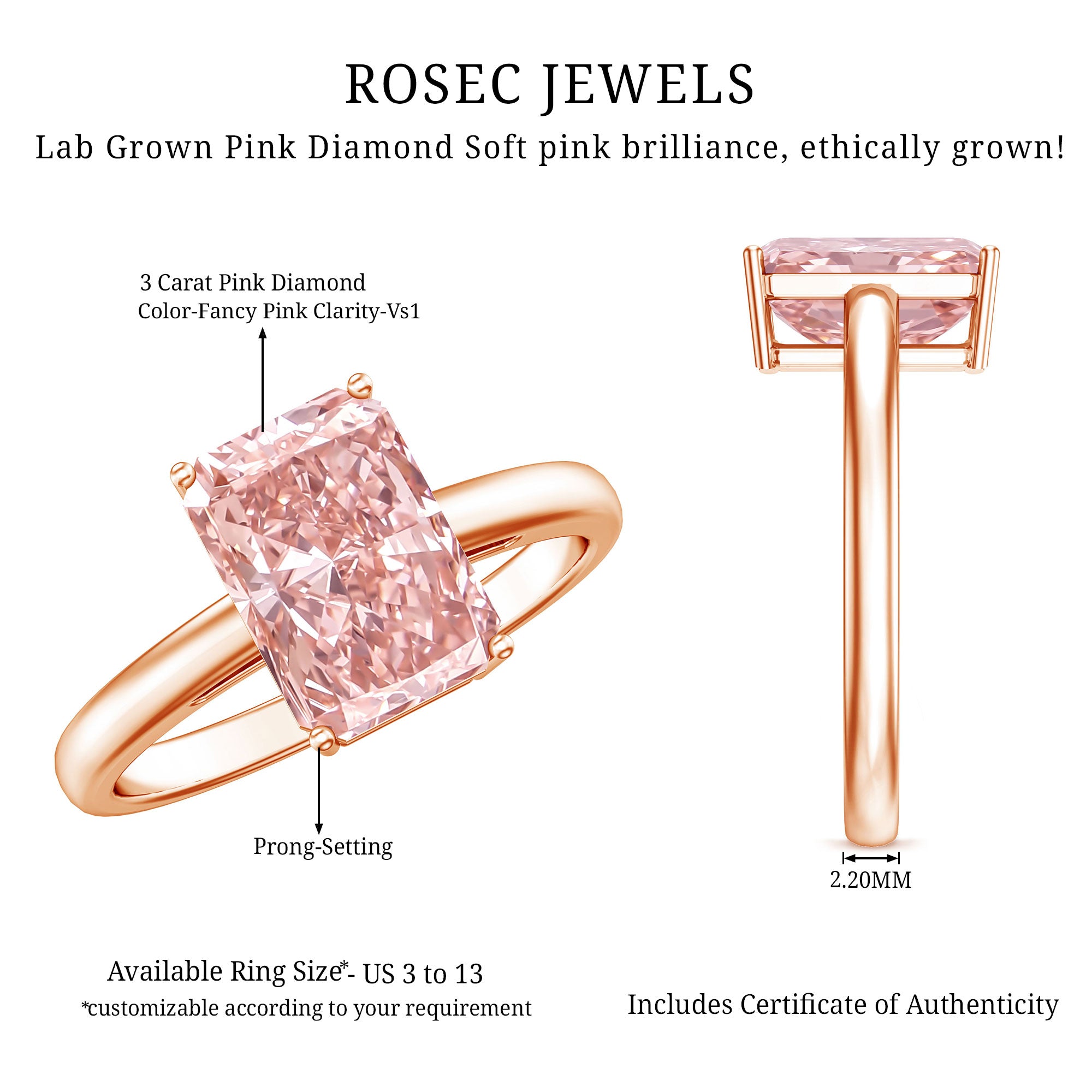 Rosec Jewels-Solitaire 3 Carat Lab Grown Pink Diamond Radiant Cut Engagement Ring IGI Certified