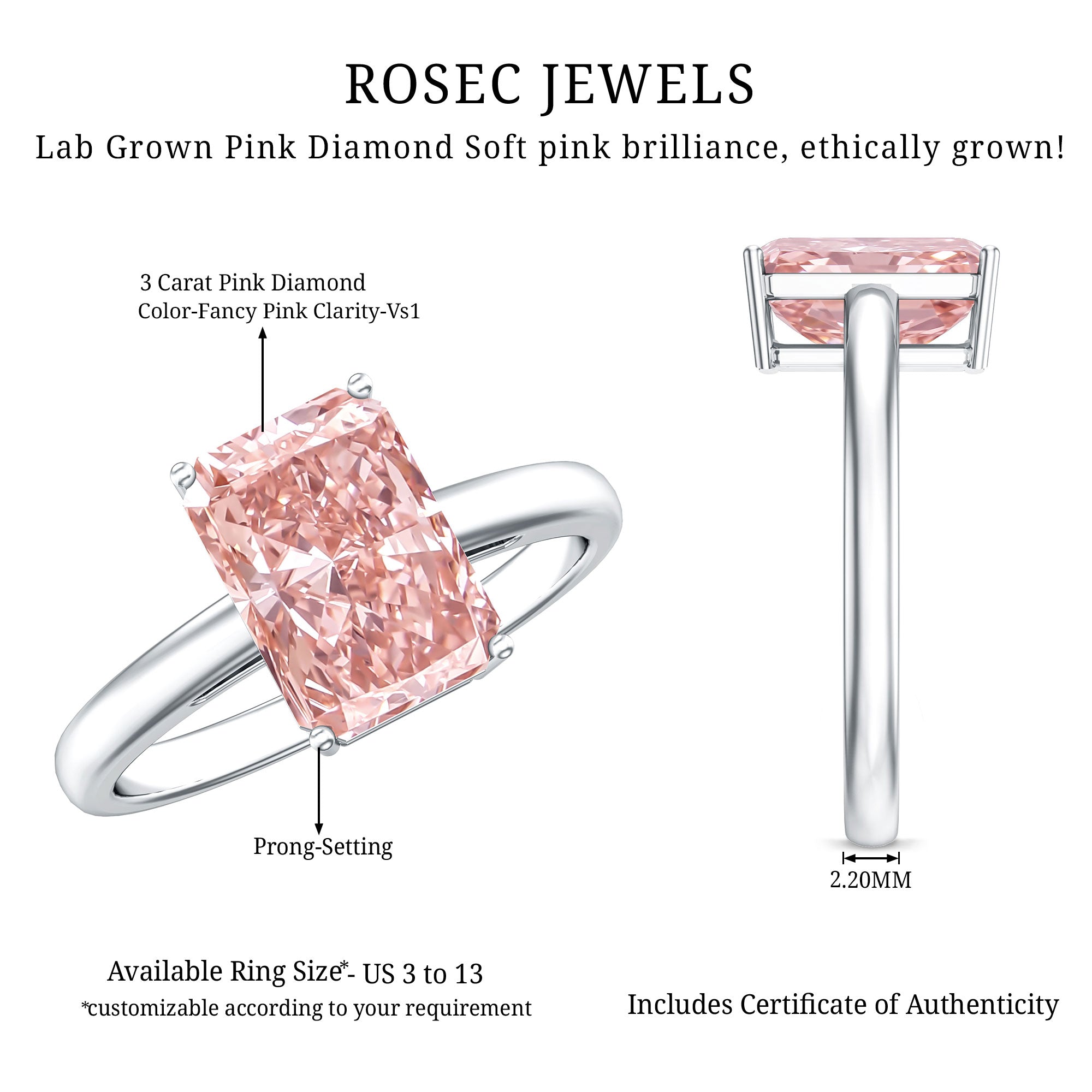 Rosec Jewels-Solitaire 3 Carat Lab Grown Pink Diamond Radiant Cut Engagement Ring IGI Certified