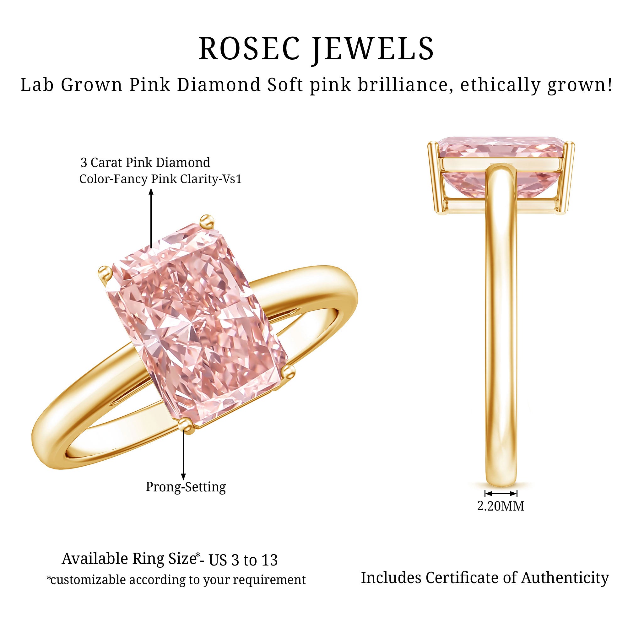 Rosec Jewels-Solitaire 3 Carat Lab Grown Pink Diamond Radiant Cut Engagement Ring IGI Certified