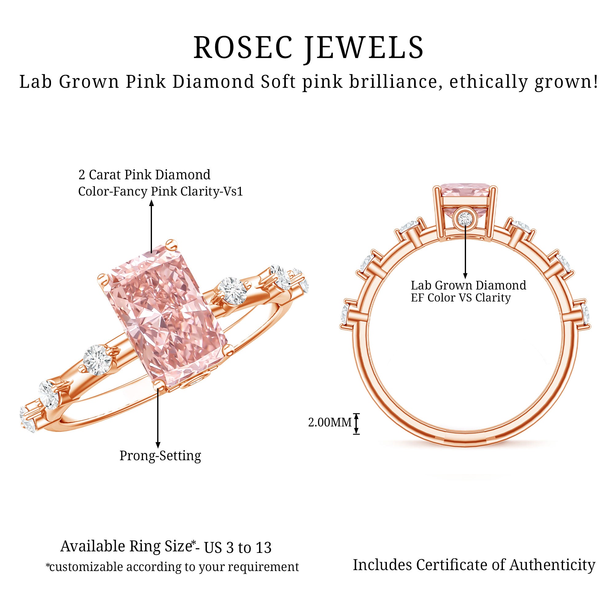 Rosec Jewels-Radiant Cut Lab Pink Diamond 2 Carat Engagement Ring with IGI Certificate