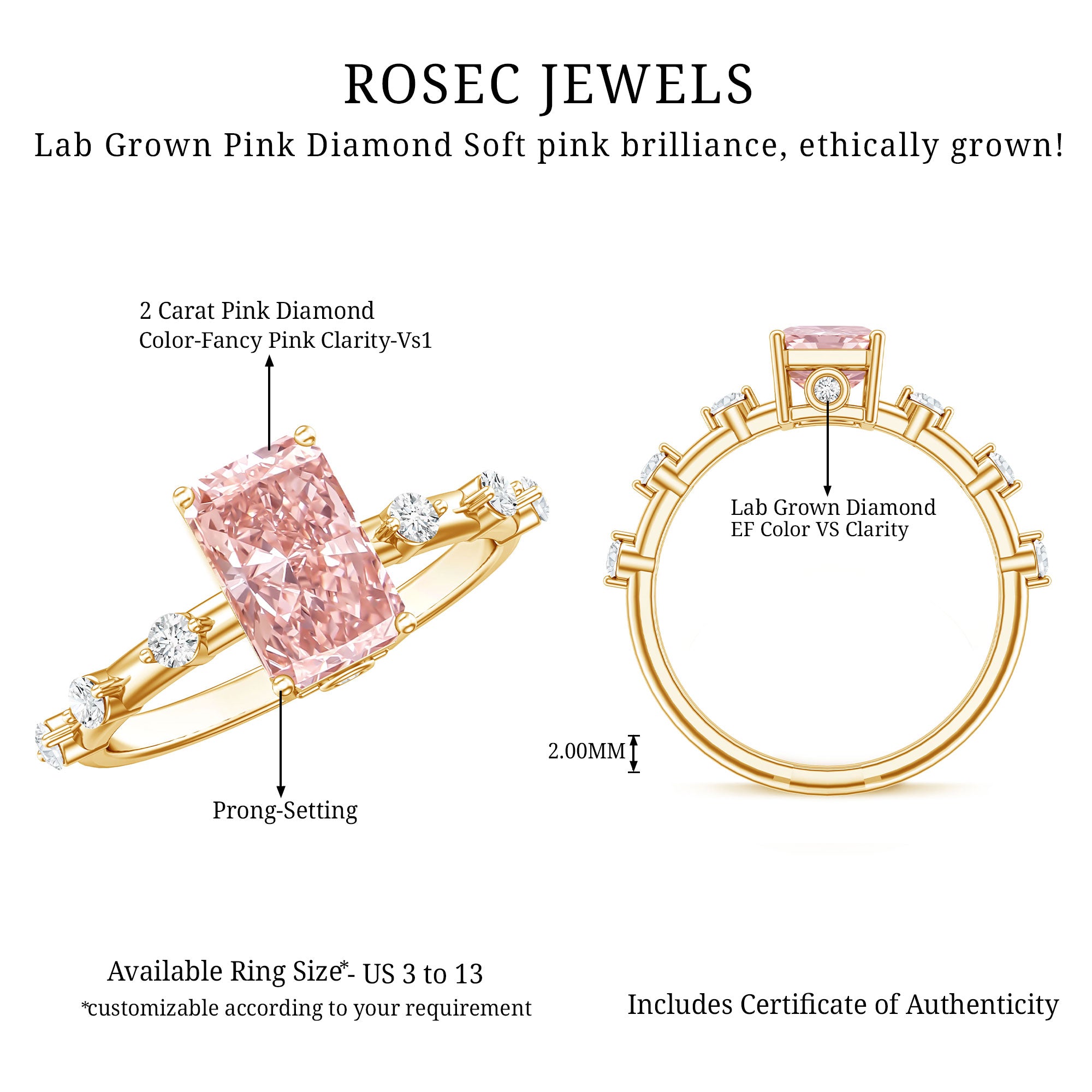 Rosec Jewels-Radiant Cut Lab Pink Diamond 2 Carat Engagement Ring with IGI Certificate
