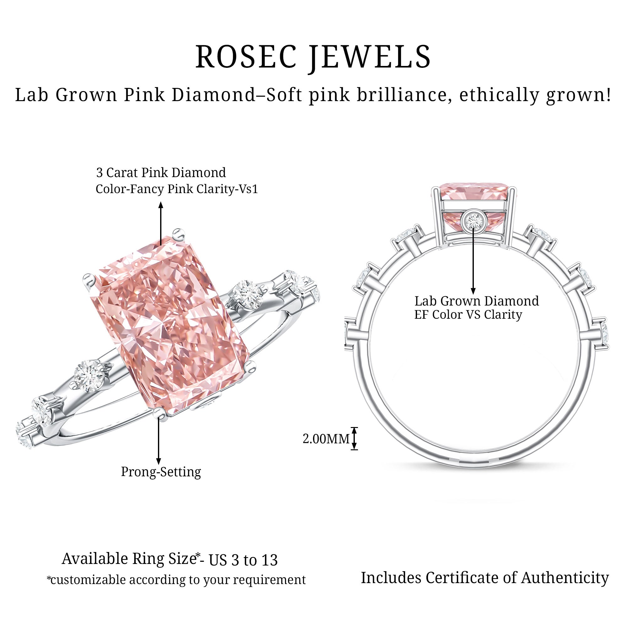 Rosec Jewels-IGI Certified 3 Carat Lab Pink Diamond Radiant Cut Engagement Ring with Spaced Accent