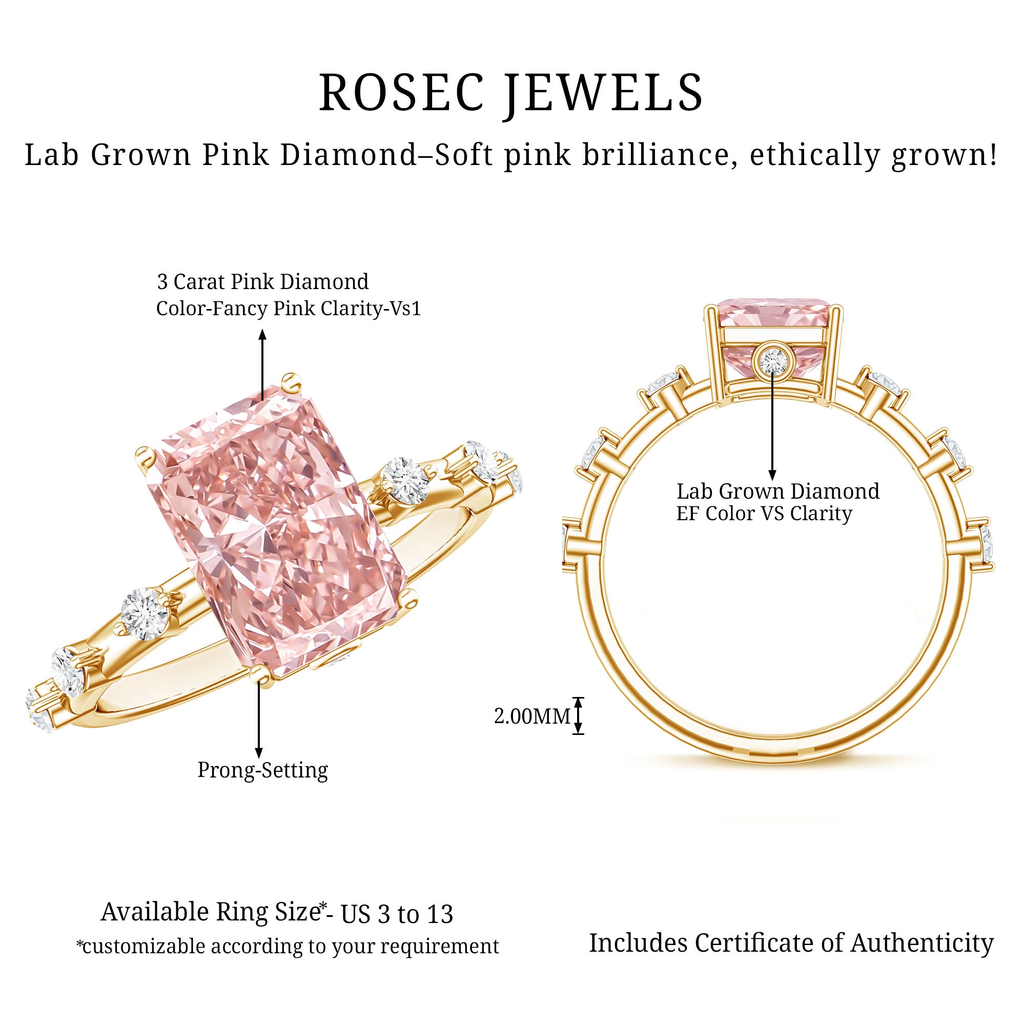 Rosec Jewels-IGI Certified 3 Carat Lab Pink Diamond Radiant Cut Engagement Ring with Spaced Accent