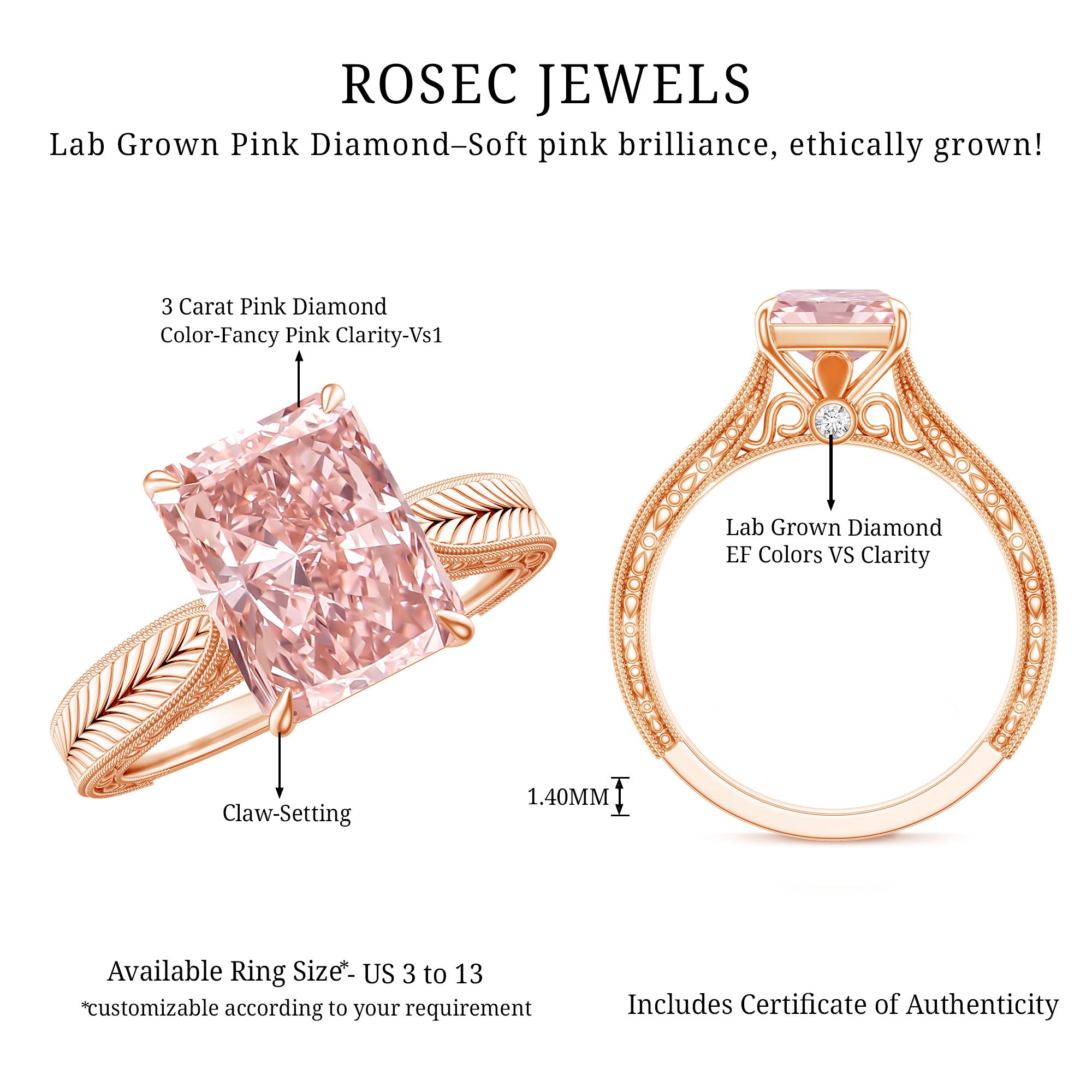 Rosec Jewels-3 Carat Lab Grown Pink Diamond Vintage Engagement Ring with IGI Certificate