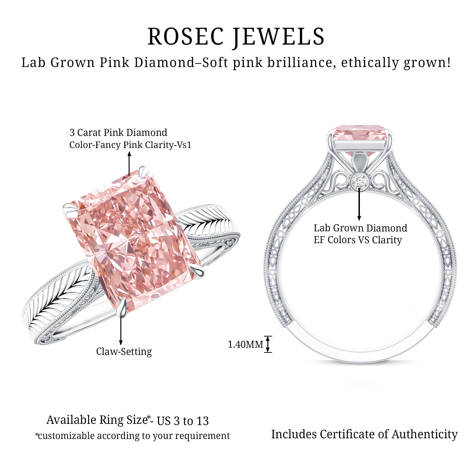 Rosec Jewels-3 Carat Lab Grown Pink Diamond Vintage Engagement Ring with IGI Certificate
