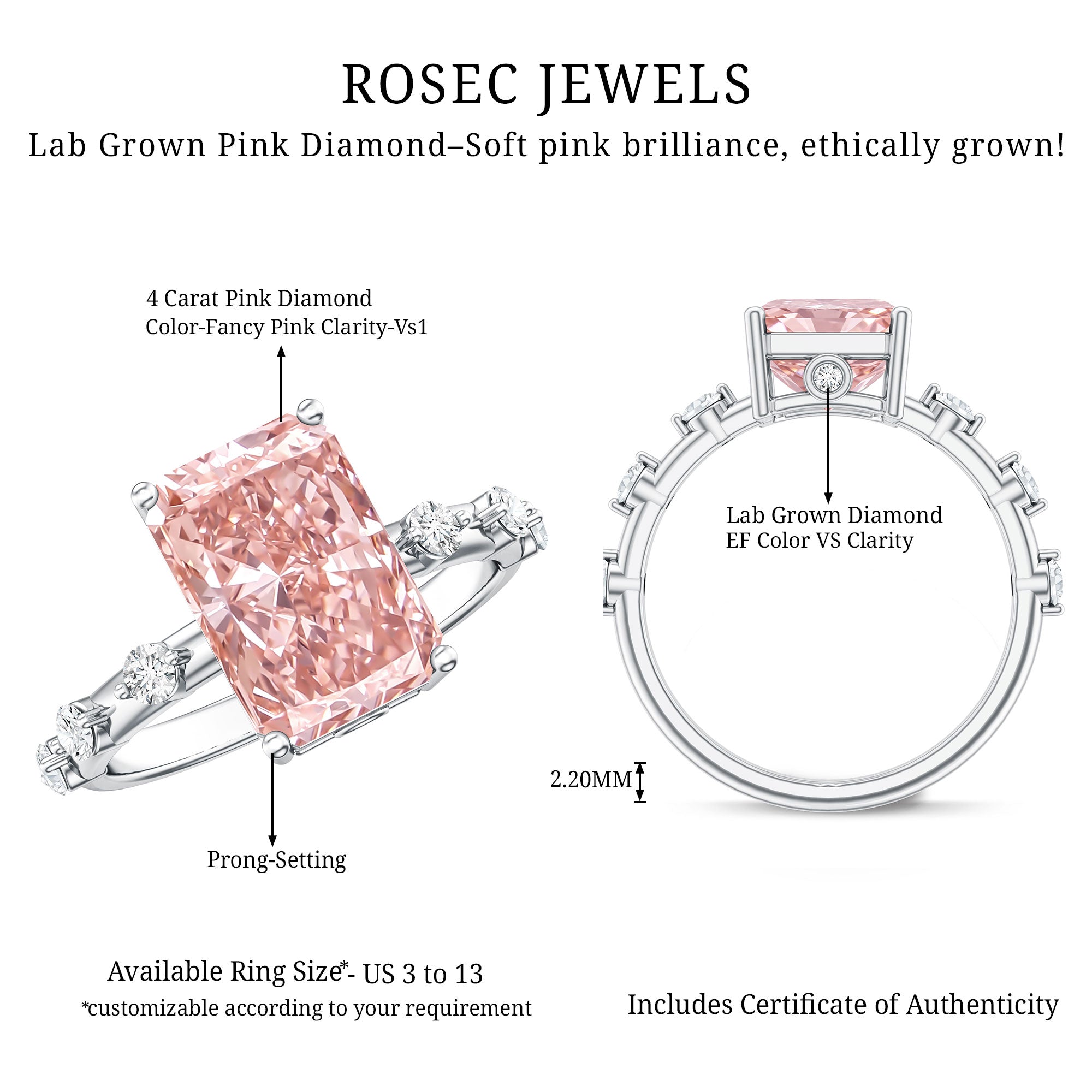 Rosec Jewels-IGI Certified 4 Carat Lab Grown Pink and White Diamond Radiant Cut Engagement Ring