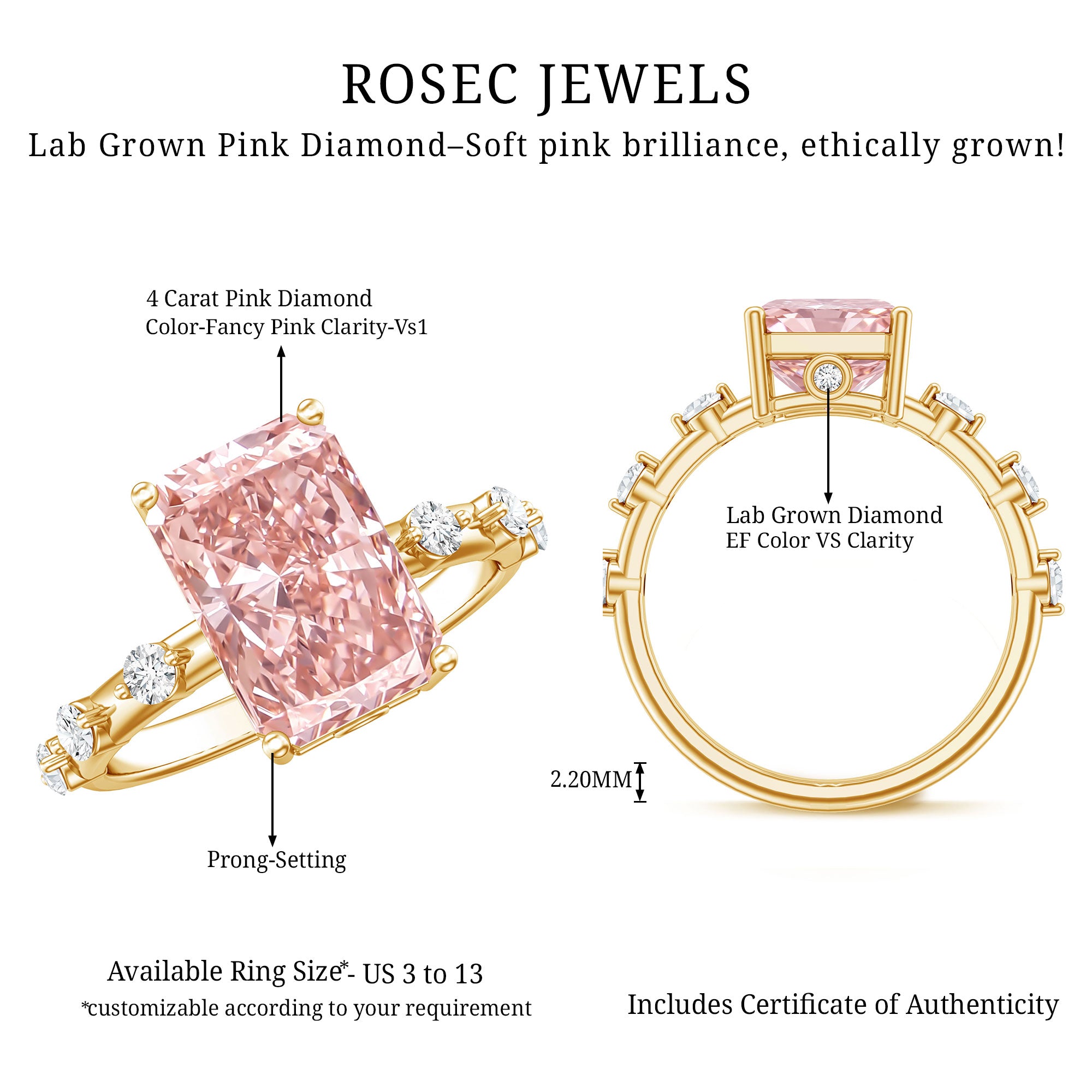Rosec Jewels-IGI Certified 4 Carat Lab Grown Pink and White Diamond Radiant Cut Engagement Ring