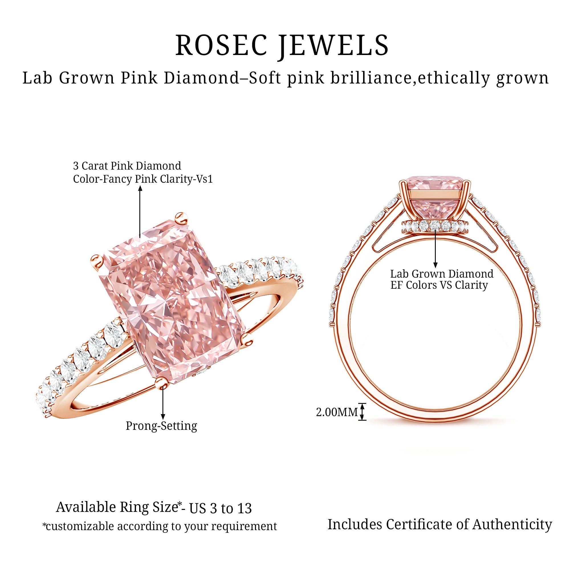 Rosec Jewels-Radiant Cut 3 Carat Lab Grown Pink Diamond Engagement Ring with IGI Certificate