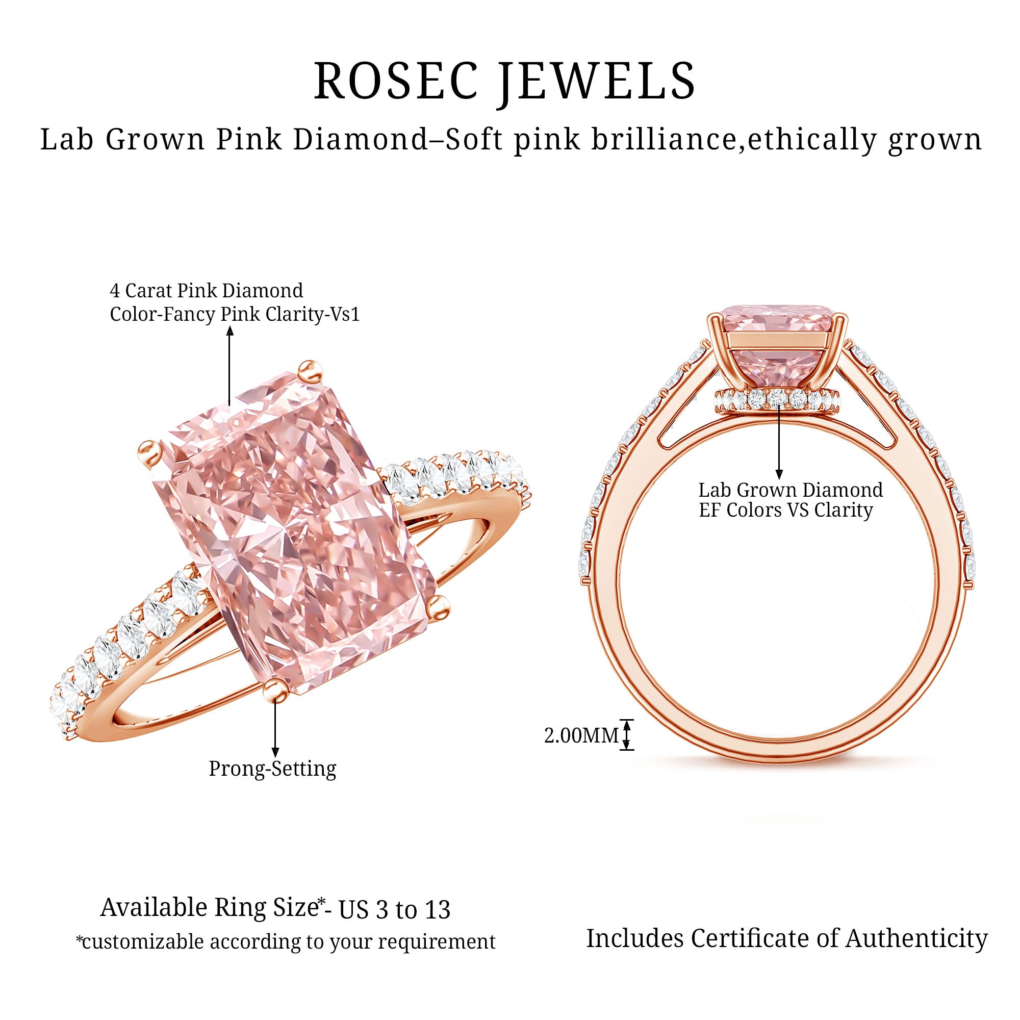 Rosec Jewels-IGI Certified 4 Carat Lab Grown Pink Diamond Radiant Cut Engagement Ring with Hidden Halo