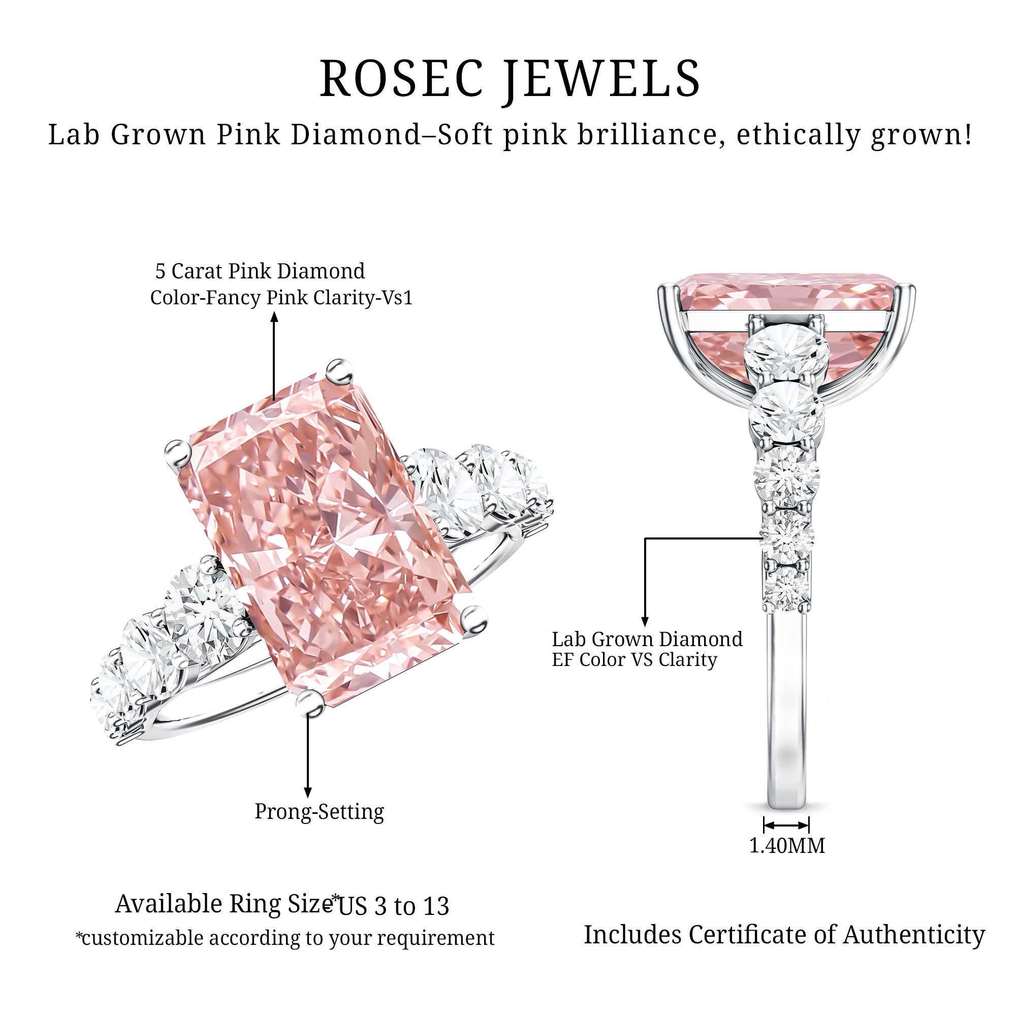 Rosec Jewels-5 Carat Radiant Lab Grown Pink and White Diamond Side Stone Engagement Ring IGI Certified