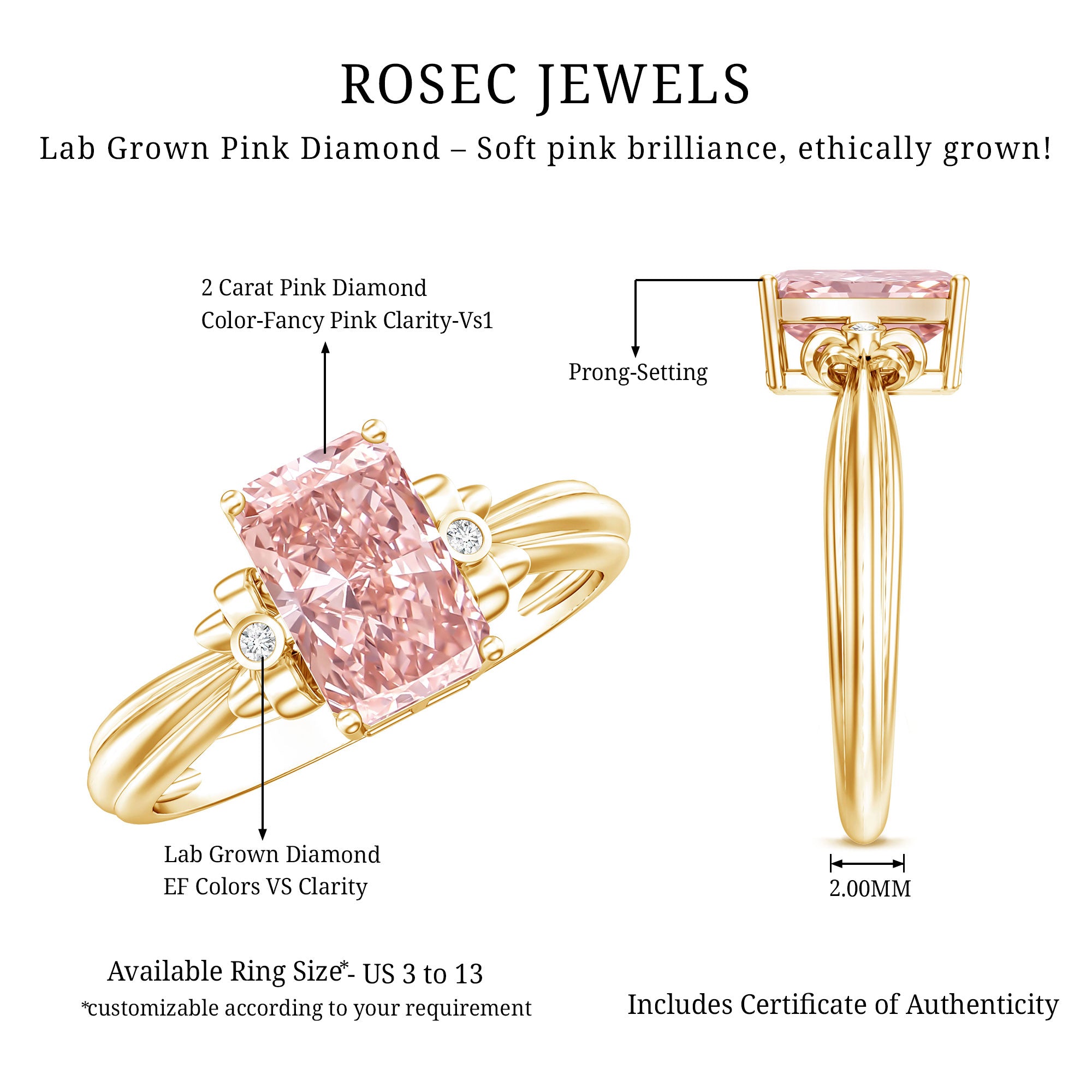 Rosec Jewels-Lab Grown 2 Carat Fancy Pink Diamond Solitaire Engagement Ring IGI Certified