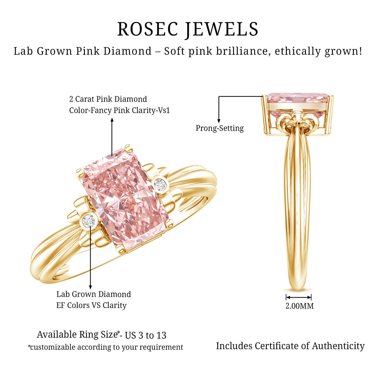 Lab Grown 2 Carat Fancy Pink Diamond Solitaire Engagement Ring IGI Certified Fancy Pink - VS1 - Rosec Jewels