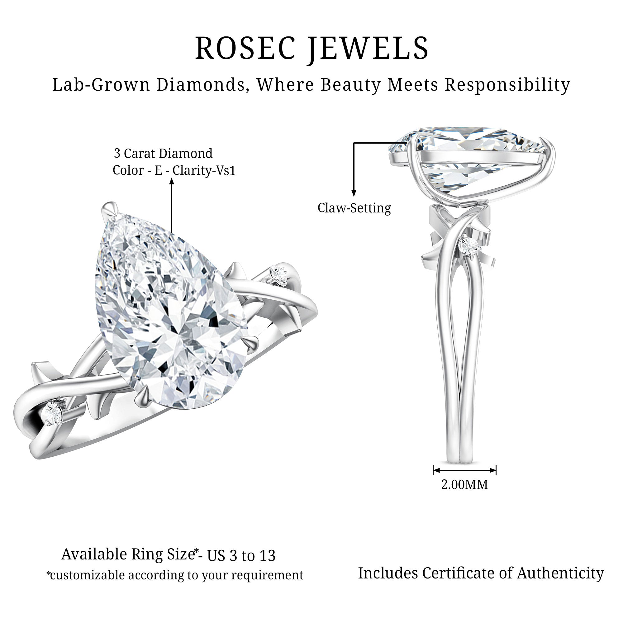 Solitaire 3 Carat Lab Diamond Pear Engagement Ring with IGI Certificate Lab - ( E-VS1 ) - Rosec Jewels
