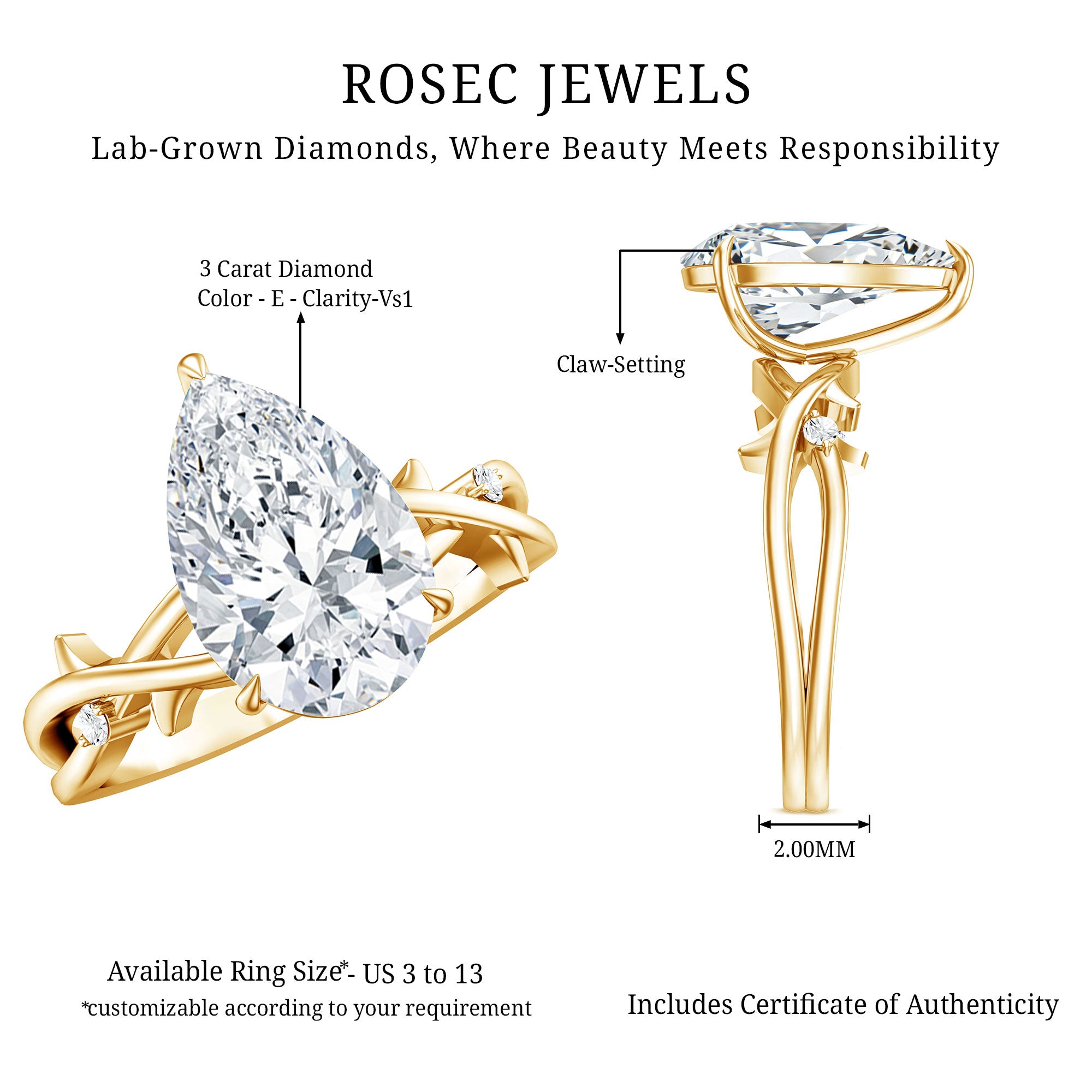 Solitaire 3 Carat Lab Diamond Pear Engagement Ring with IGI Certificate Lab - ( E-VS1 ) - Rosec Jewels