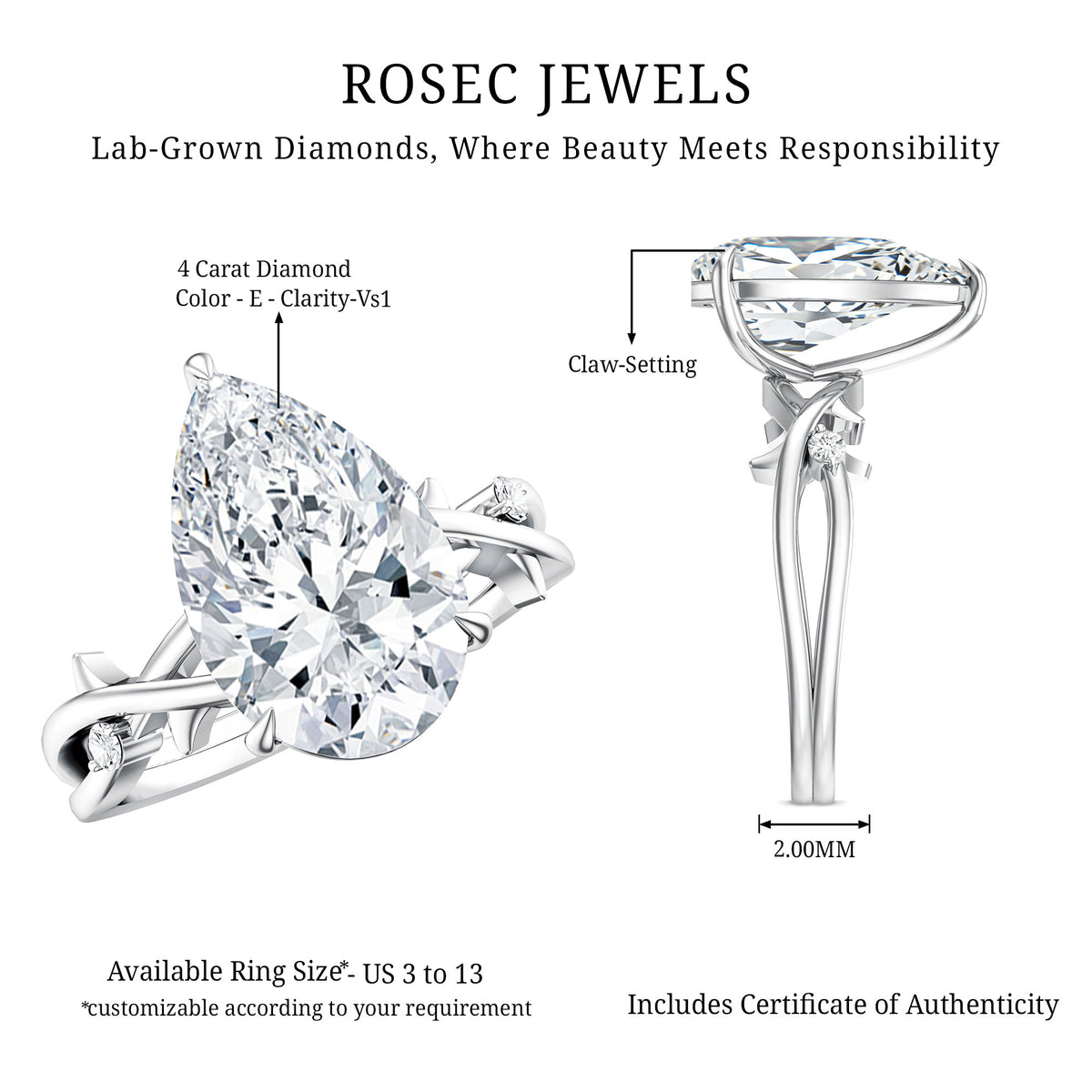 Rosec Jewels-Pear Shaped 4 Carat Lab Grown Diamond Designer Engagement Ring with IGI Certificate