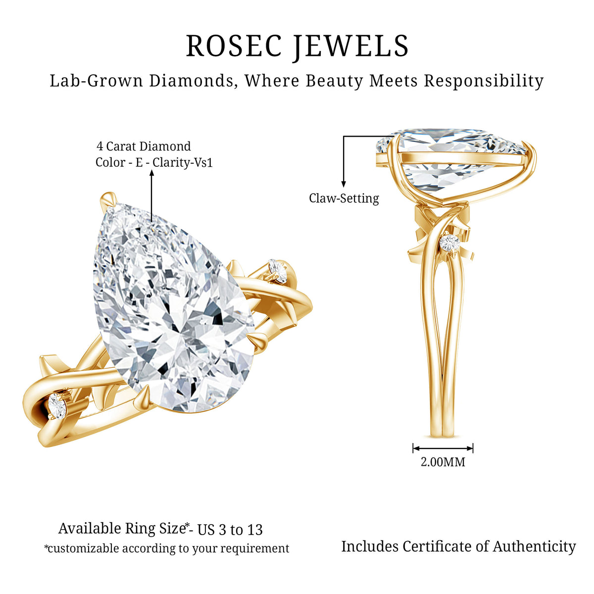 Rosec Jewels-Pear Shaped 4 Carat Lab Grown Diamond Designer Engagement Ring with IGI Certificate