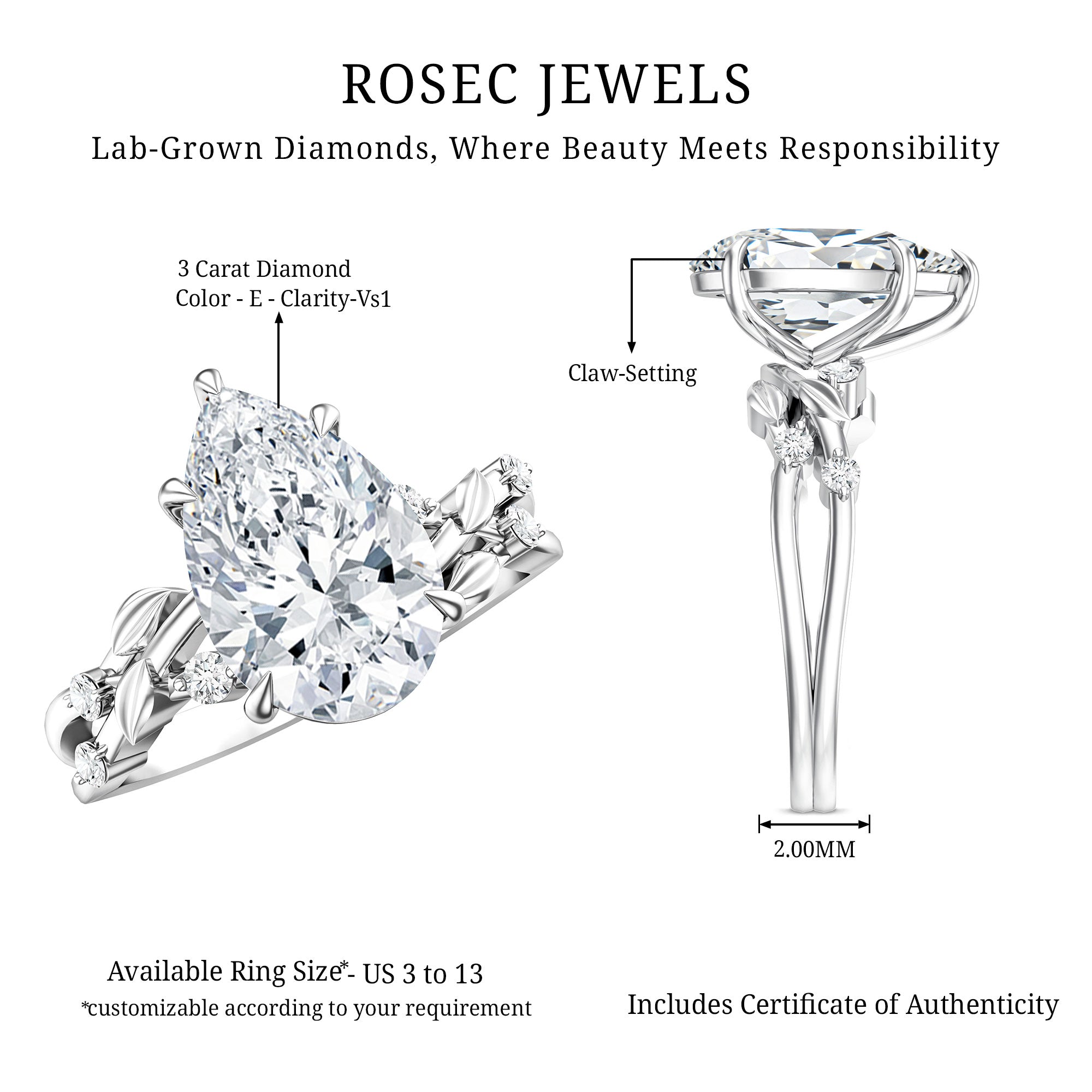 Nature Inspired 3 Carat Lab Grown Diamond Vine Engagement Ring with IGI Certificate Lab - ( E-VS1 ) - Rosec Jewels
