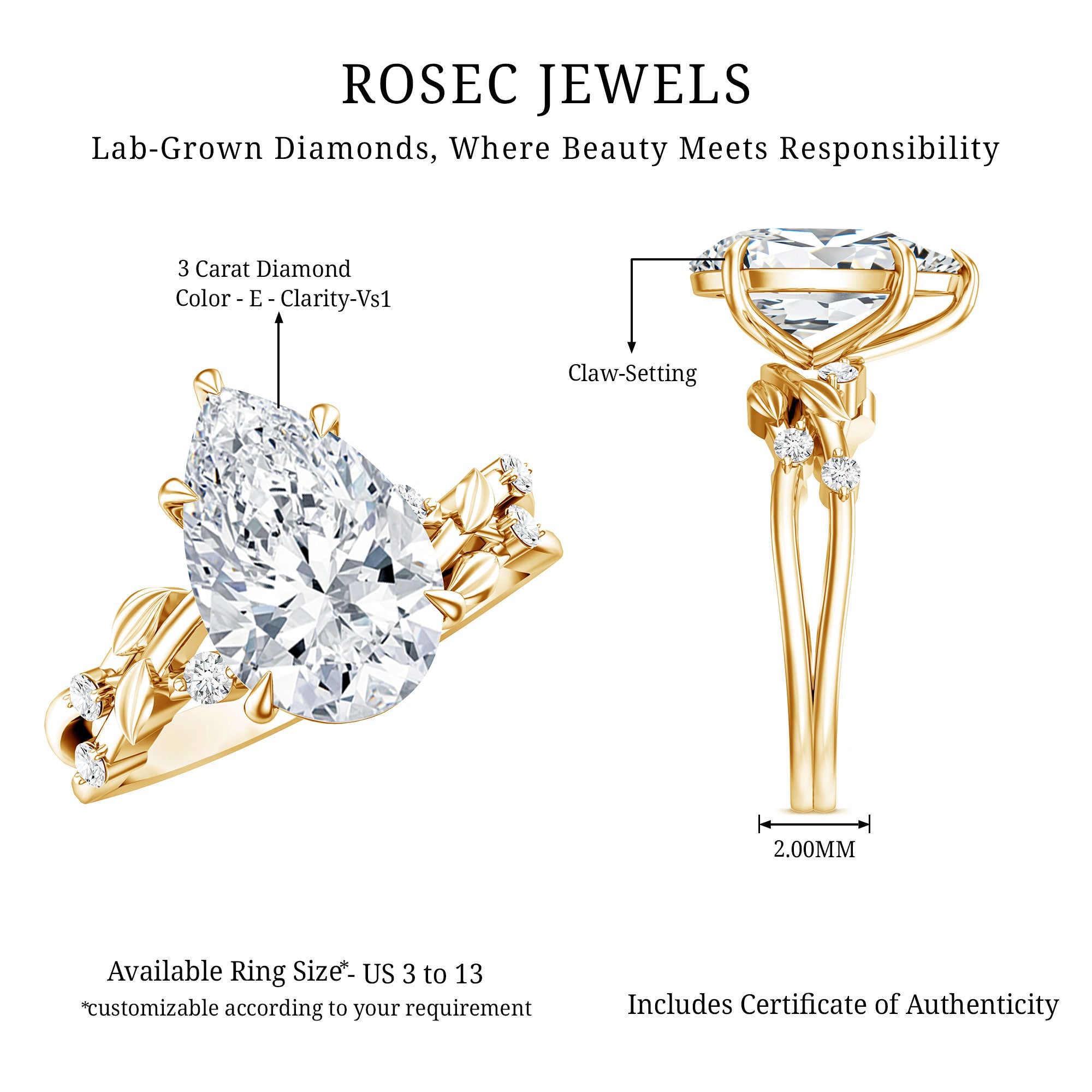 Nature Inspired 3 Carat Lab Grown Diamond Vine Engagement Ring with IGI Certificate Lab - ( E-VS1 ) - Rosec Jewels