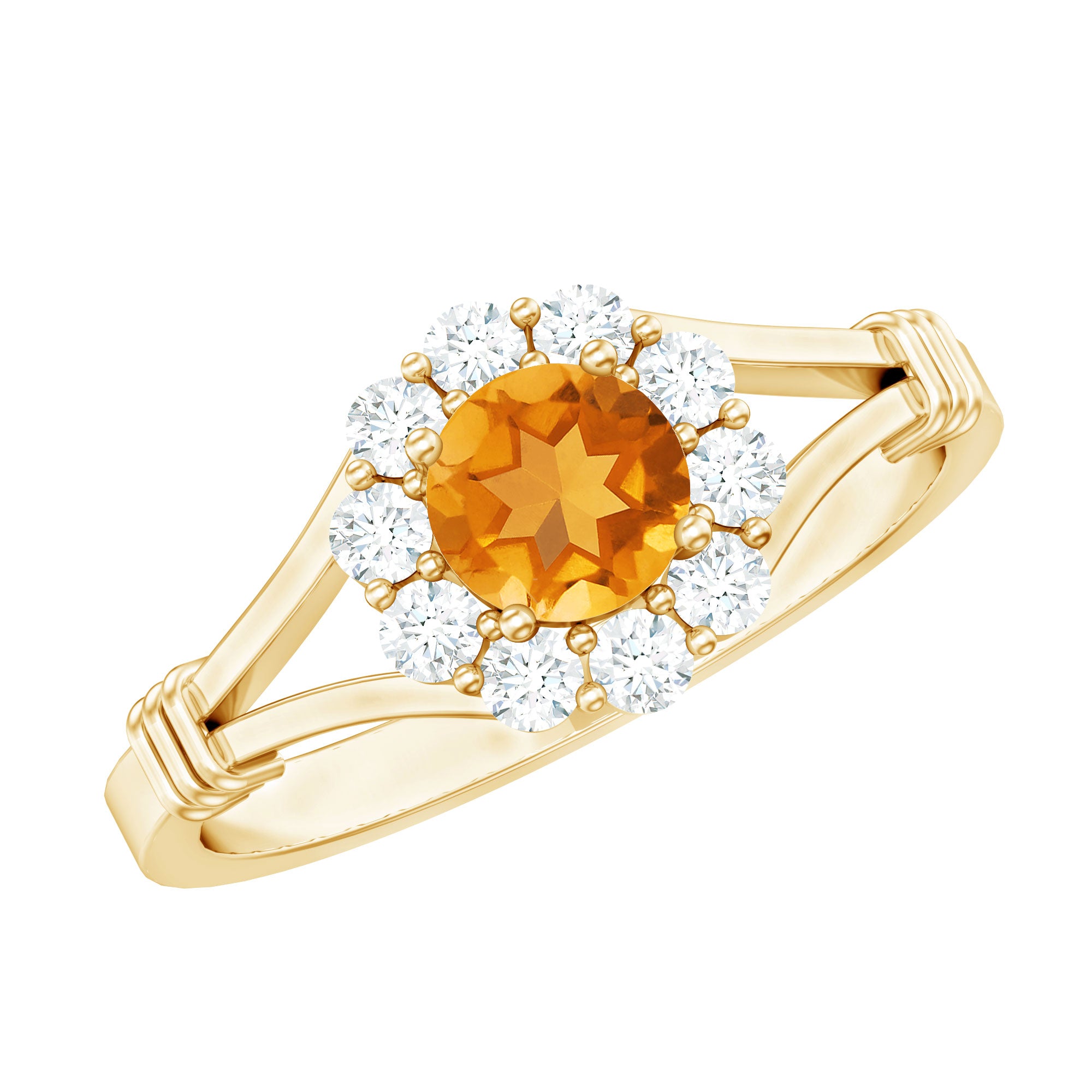 Rosec Jewels-Genuine Citrine Diamond Flower Engagement Ring with Split Shank
