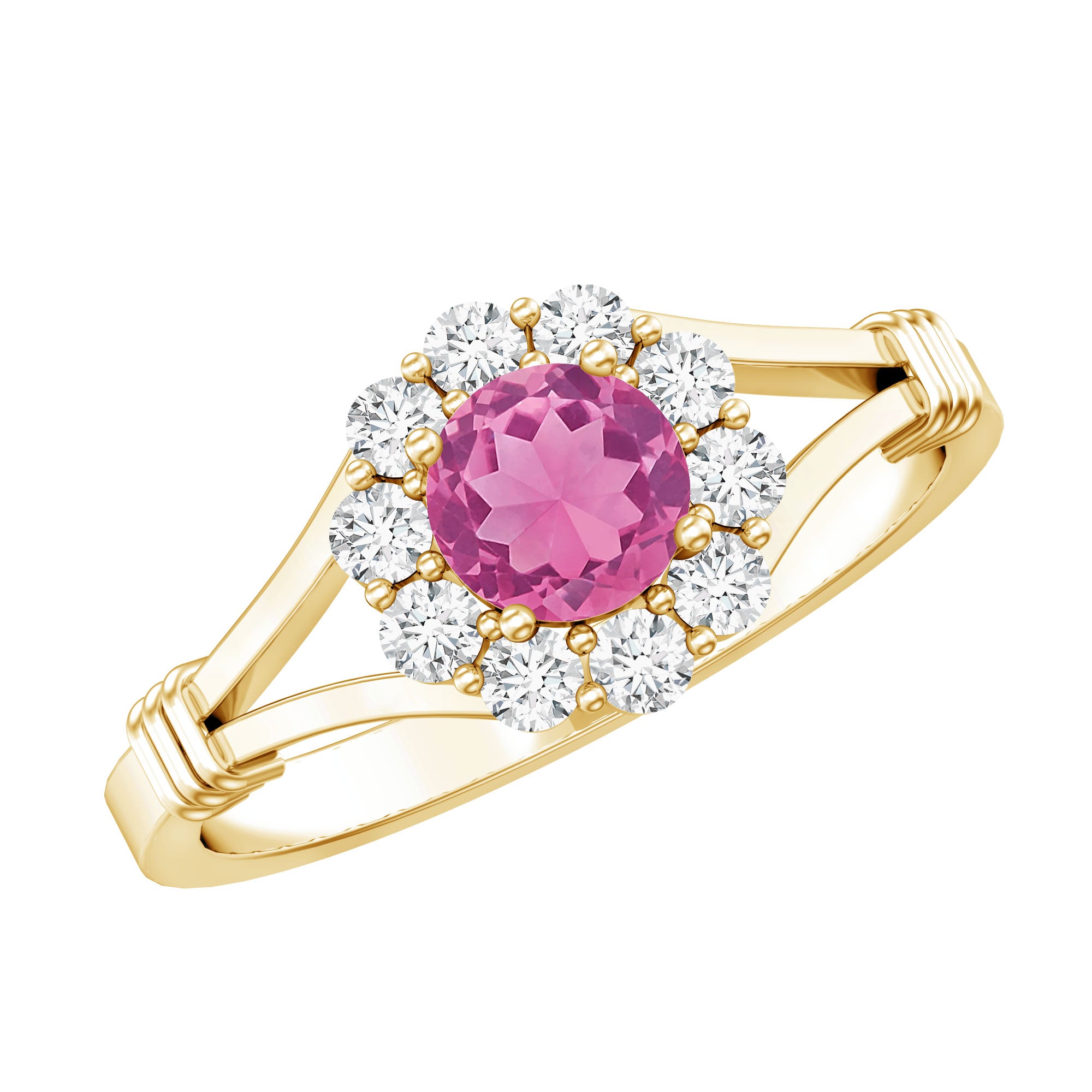 Rosec Jewels-Real Pink Tourmaline and Diamond Engagement Ring in Split Shank