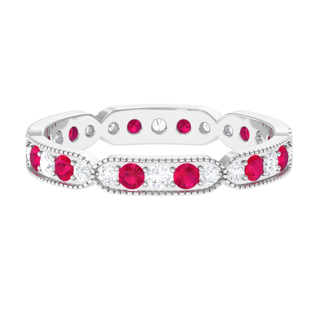 Ruby and Diamond Band Ring with Milgrain Details Ruby - ( AAA ) - Quality - Rosec Jewels