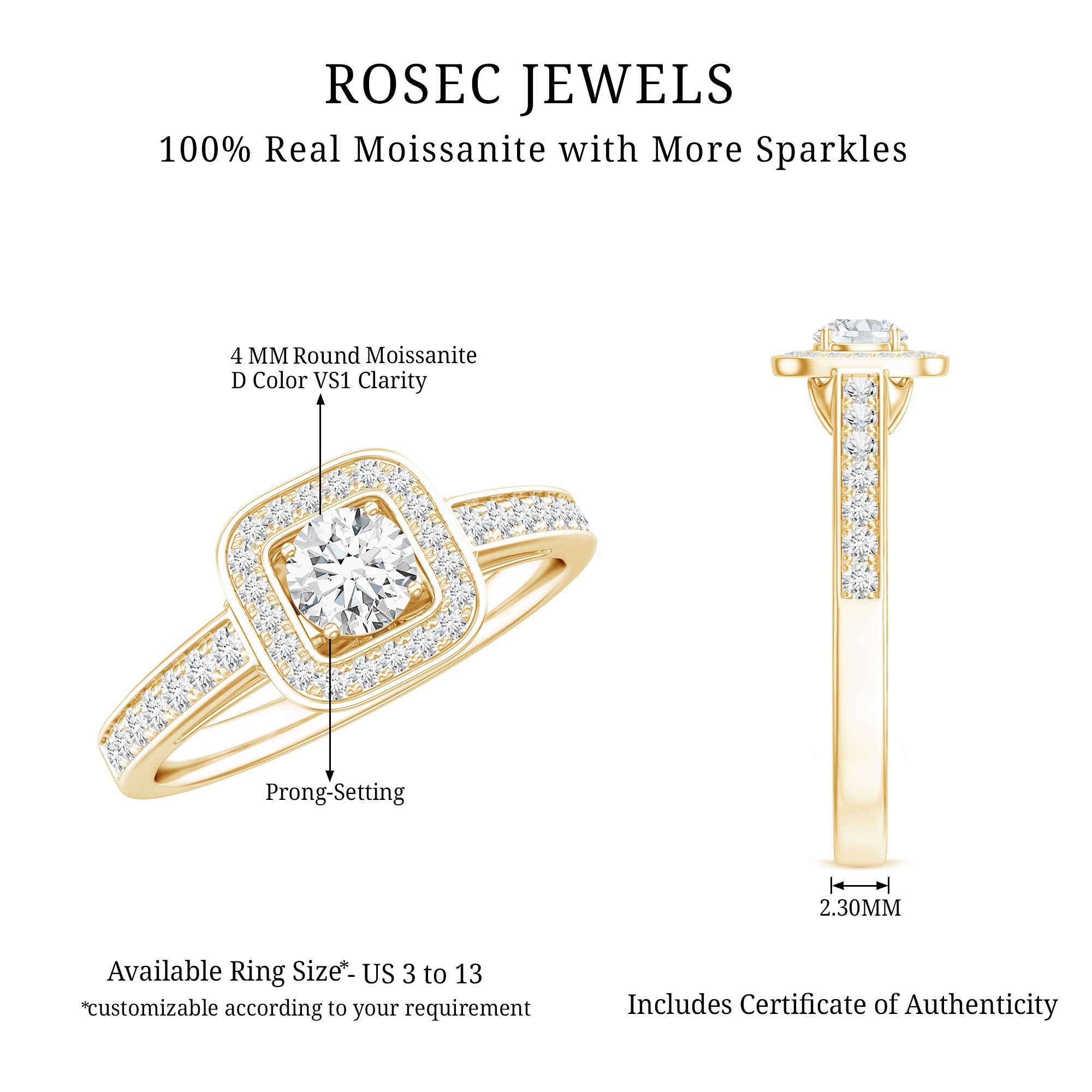 Rosec Jewels-Moissanite Round Halo Engagement Ring with Certificate
