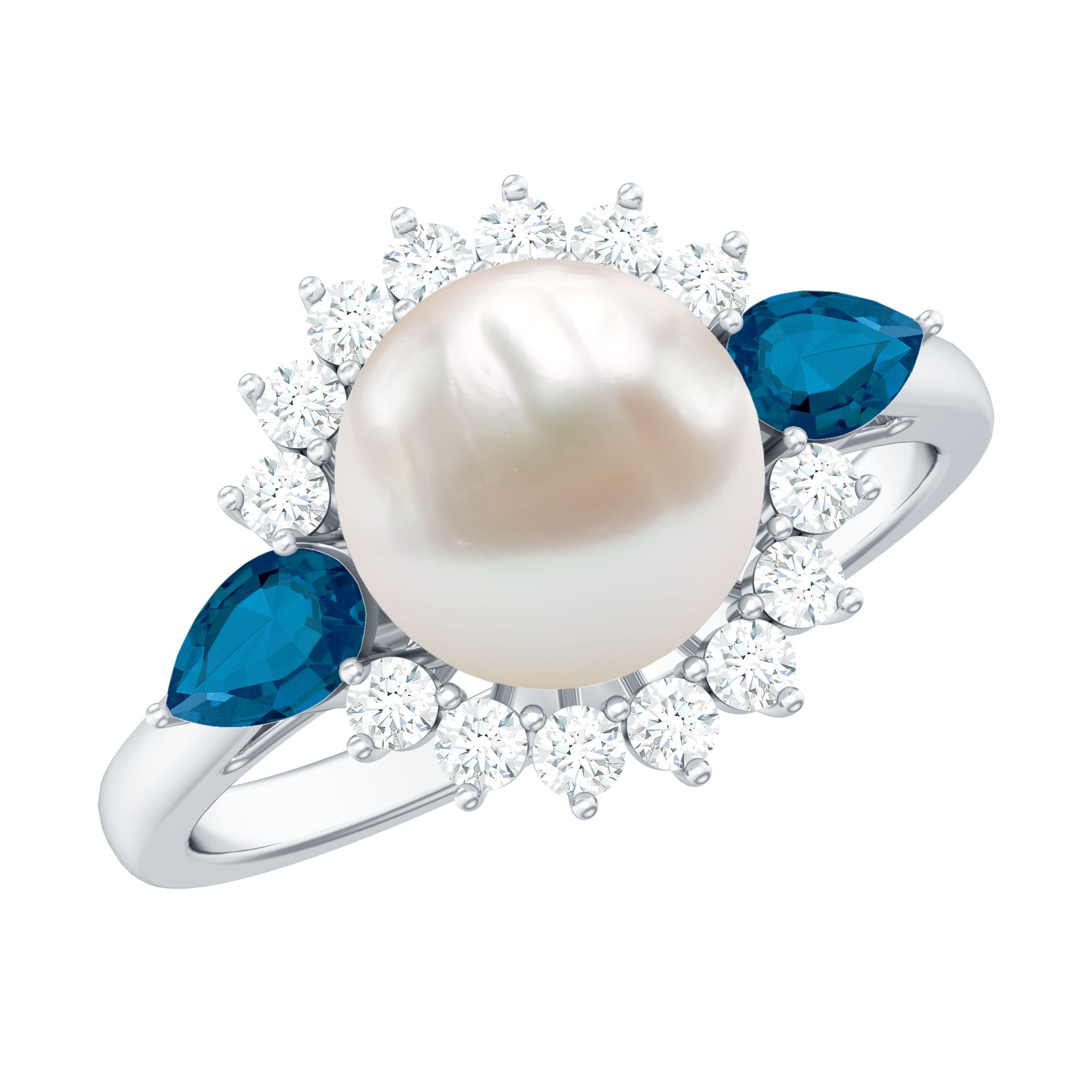 8MM Freshwater Cultured Pearl Designer Engagement Ring with Blue