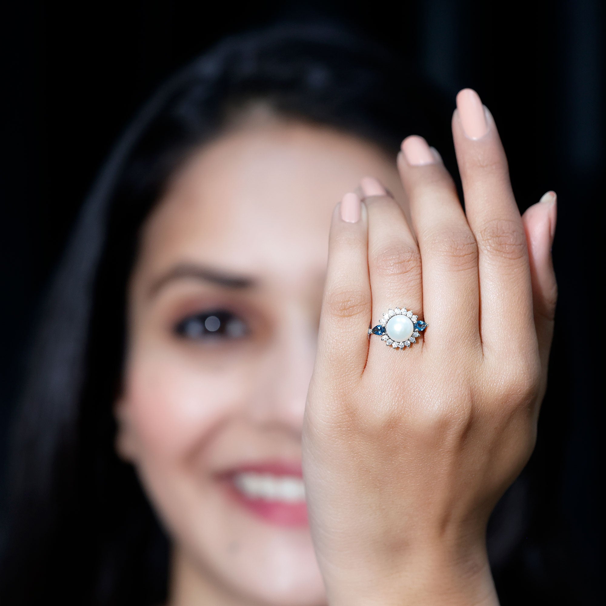 8MM Freshwater Cultured Pearl Designer Engagement Ring with Blue