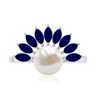 Cultured 3 Carat Freshwater Pearl Engagement Ring with Blue Sapphire AAA - Rosec Jewels