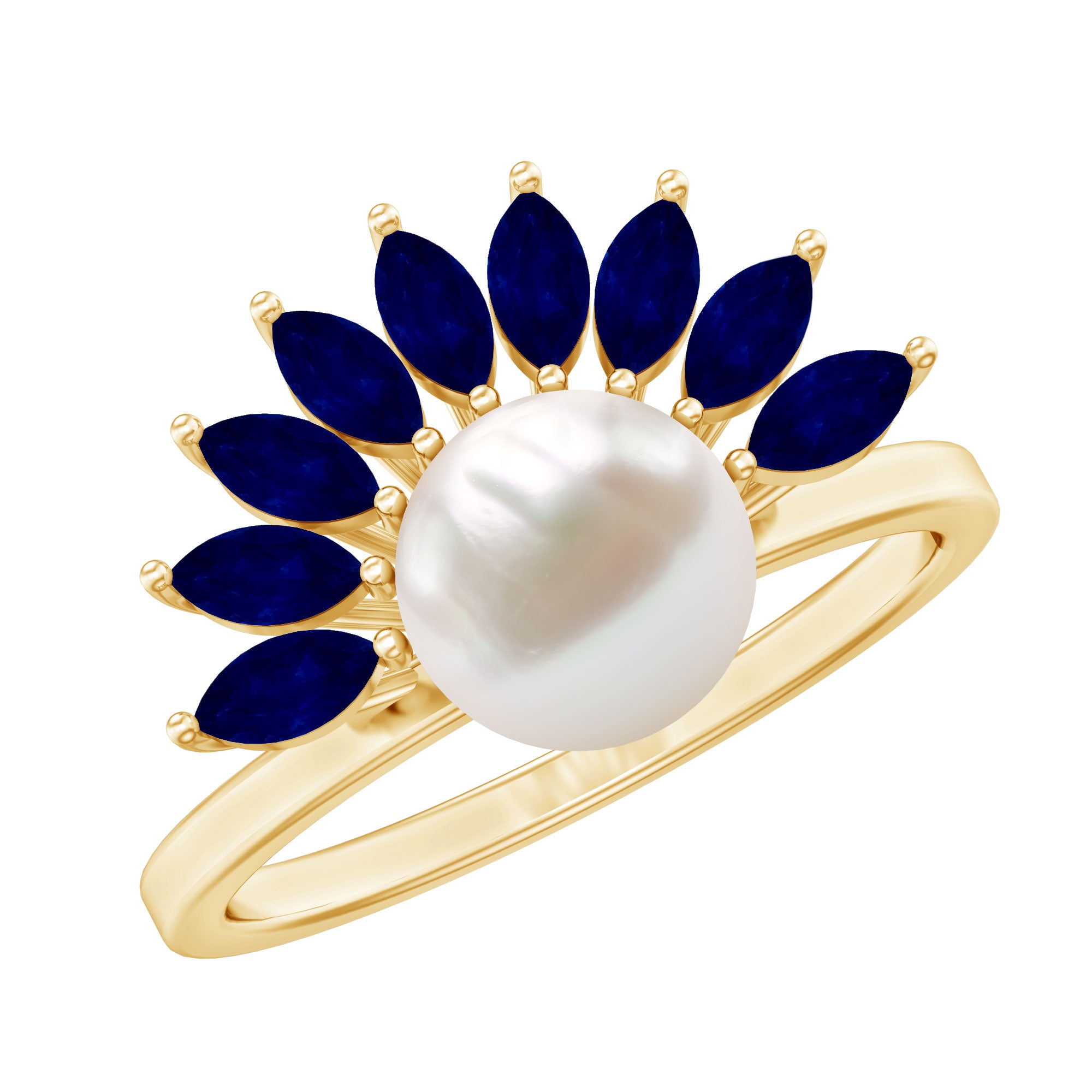 Cultured 3 Carat Freshwater Pearl Engagement Ring with Blue Sapphire AAA - Rosec Jewels