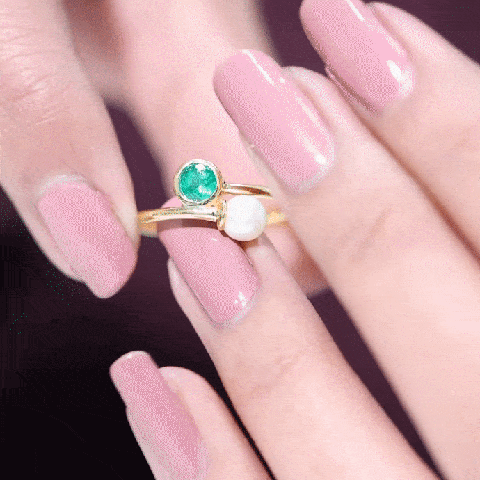 Real Freshwater Pearl and Emerald Toi et Moi Promise Ring AAA - Rosec Jewels