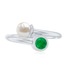 Real Freshwater Pearl and Emerald Toi et Moi Promise Ring AAA - Rosec Jewels