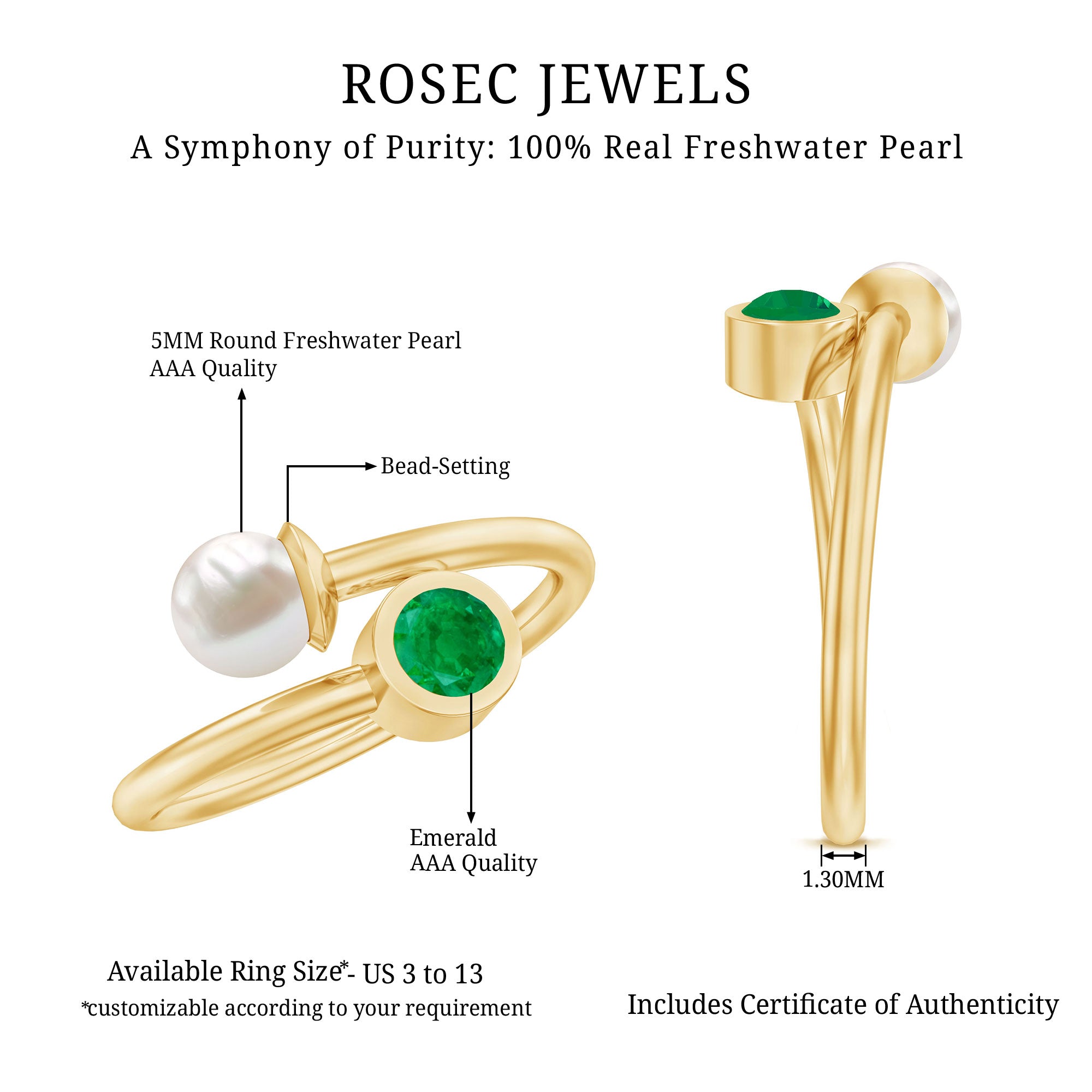 Real Freshwater Pearl and Emerald Toi et Moi Promise Ring AAA - Rosec Jewels