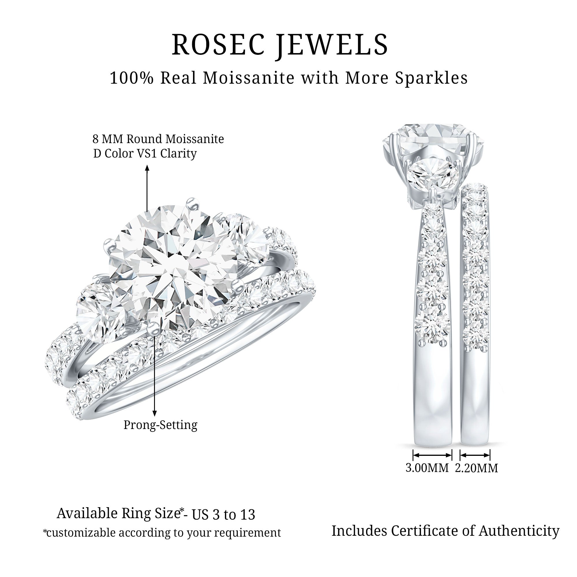 Rosec Jewels-Certified 2 Carat Round Moissanite Bridal Ring Set For Wedding
