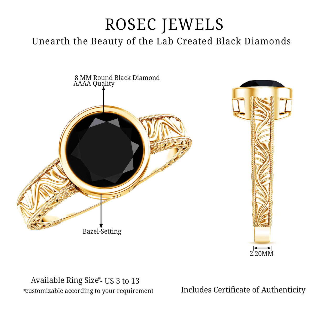 Vintage Style 2 Carat Lab Grown Black Diamond Bezel Set Engagement Ring AAAA ( Synthetic ) - Rosec Jewels