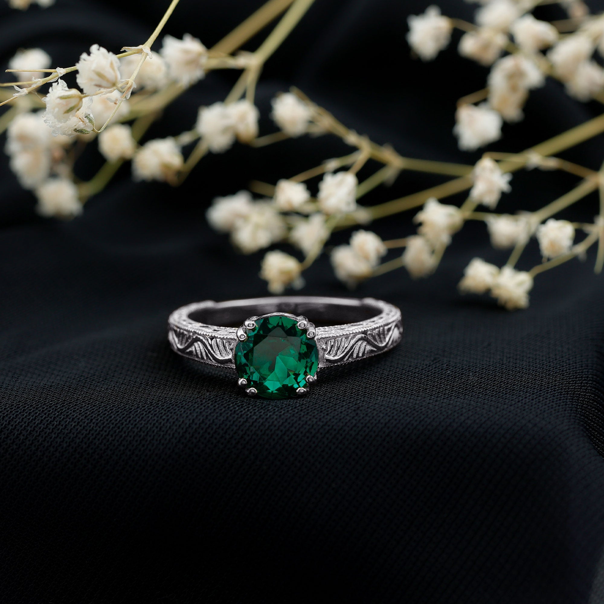 Rosec Jewels-Lab Emerald Solitaire Vintage Engagement Ring