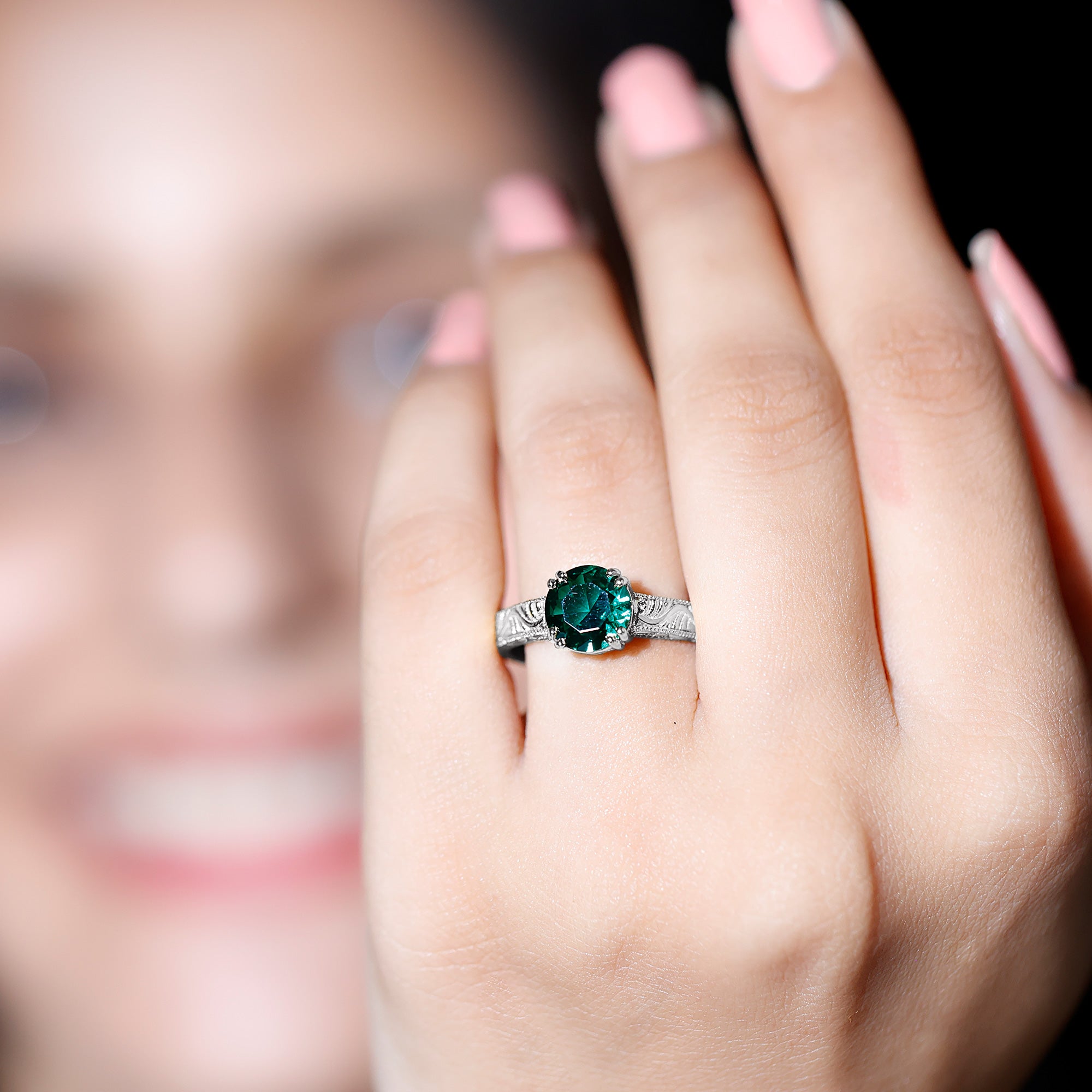 Rosec Jewels-Lab Emerald Solitaire Vintage Engagement Ring