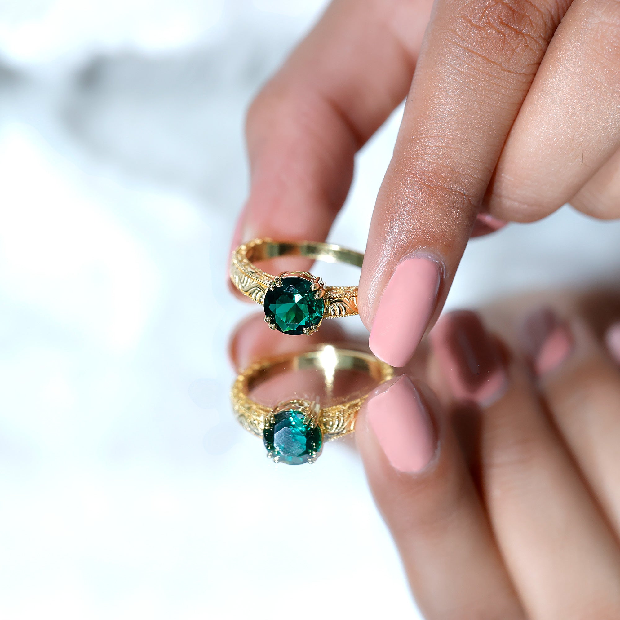 Rosec Jewels-Lab Emerald Solitaire Vintage Engagement Ring