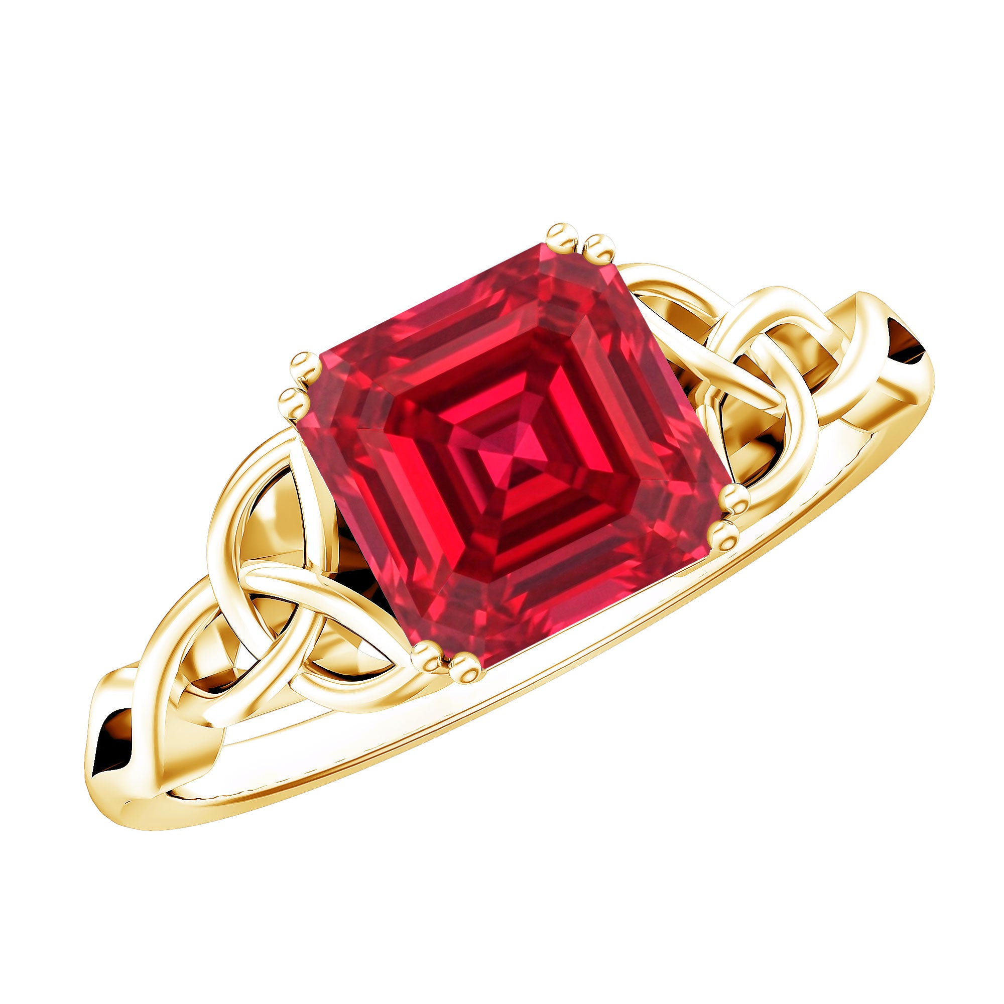 Certified 4.8 Carat Lab Grown Ruby Asscher Cut Engagement Ring with Celtic Knot AAAA - Rosec Jewels