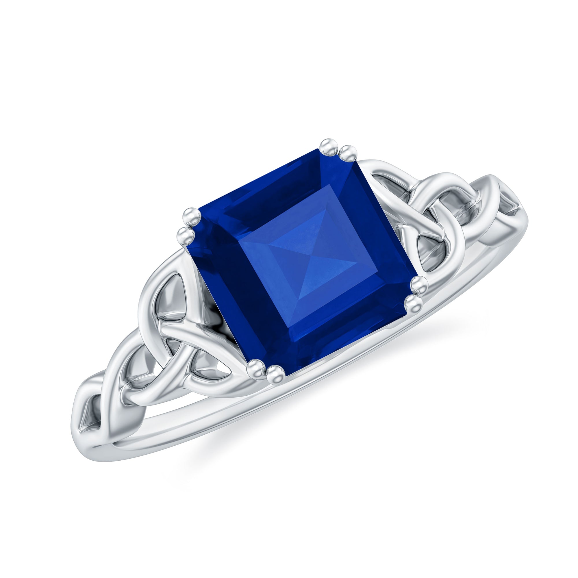 Asscher Cut Lab Grown Blue Sapphire Solitaire Celtic Knot Ring