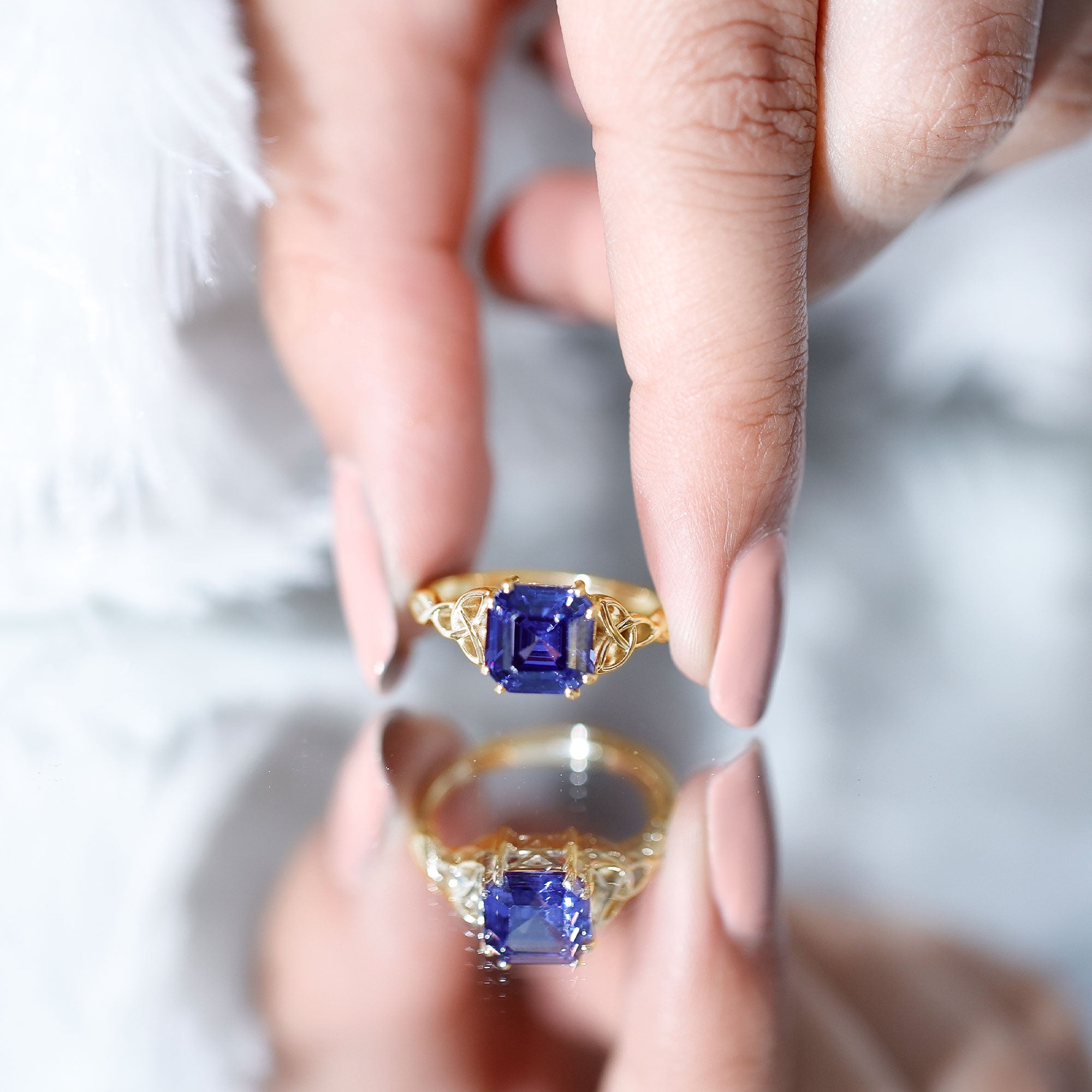 Certified 4 Carat Asscher Cut Lab Created Blue Sapphire Celtic Knot Engagement Ring AAAA - Rosec Jewels