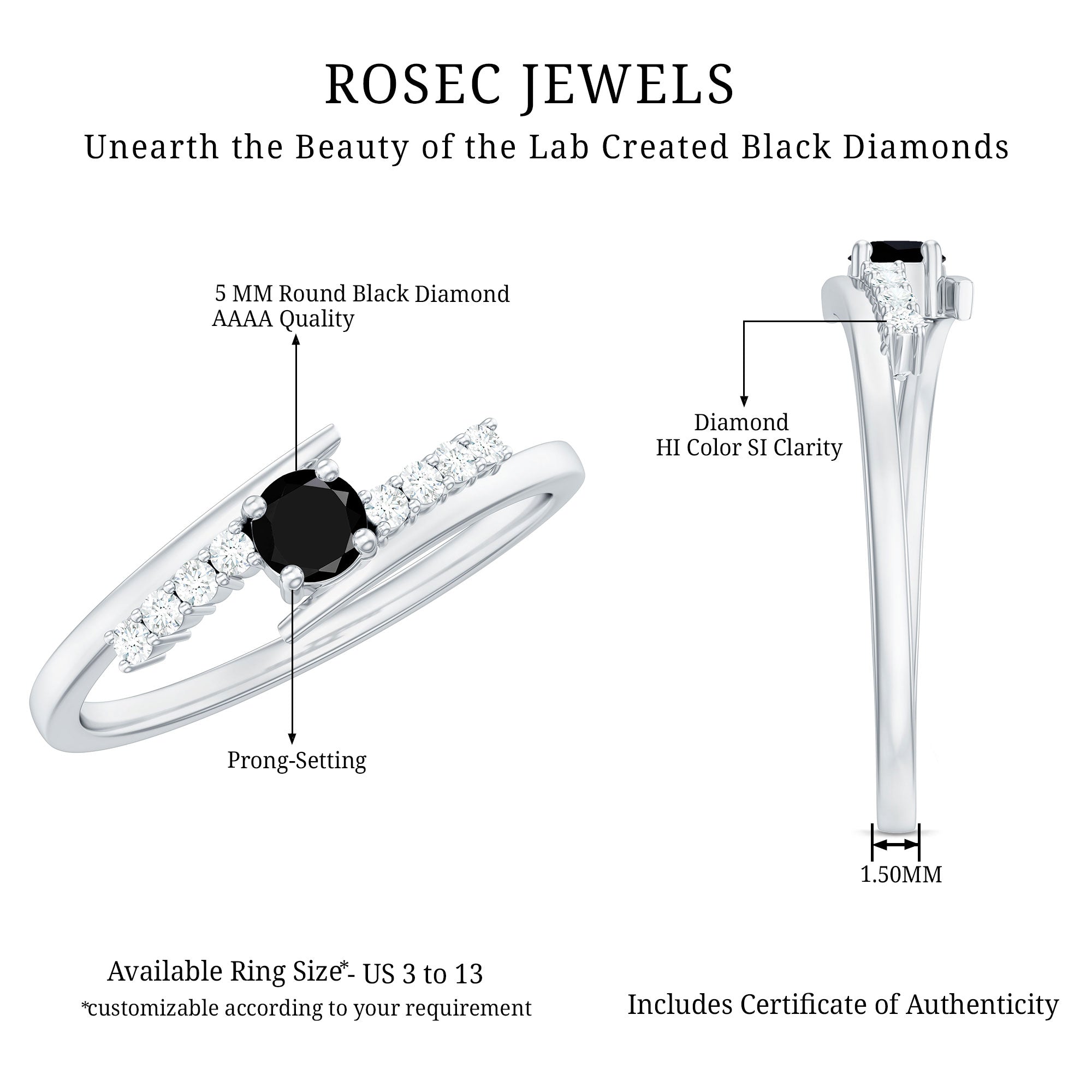 Certified Lab Grown Black and White Diamond Promise Ring with Bypass Shank AAAA ( Synthetic ) - Rosec Jewels
