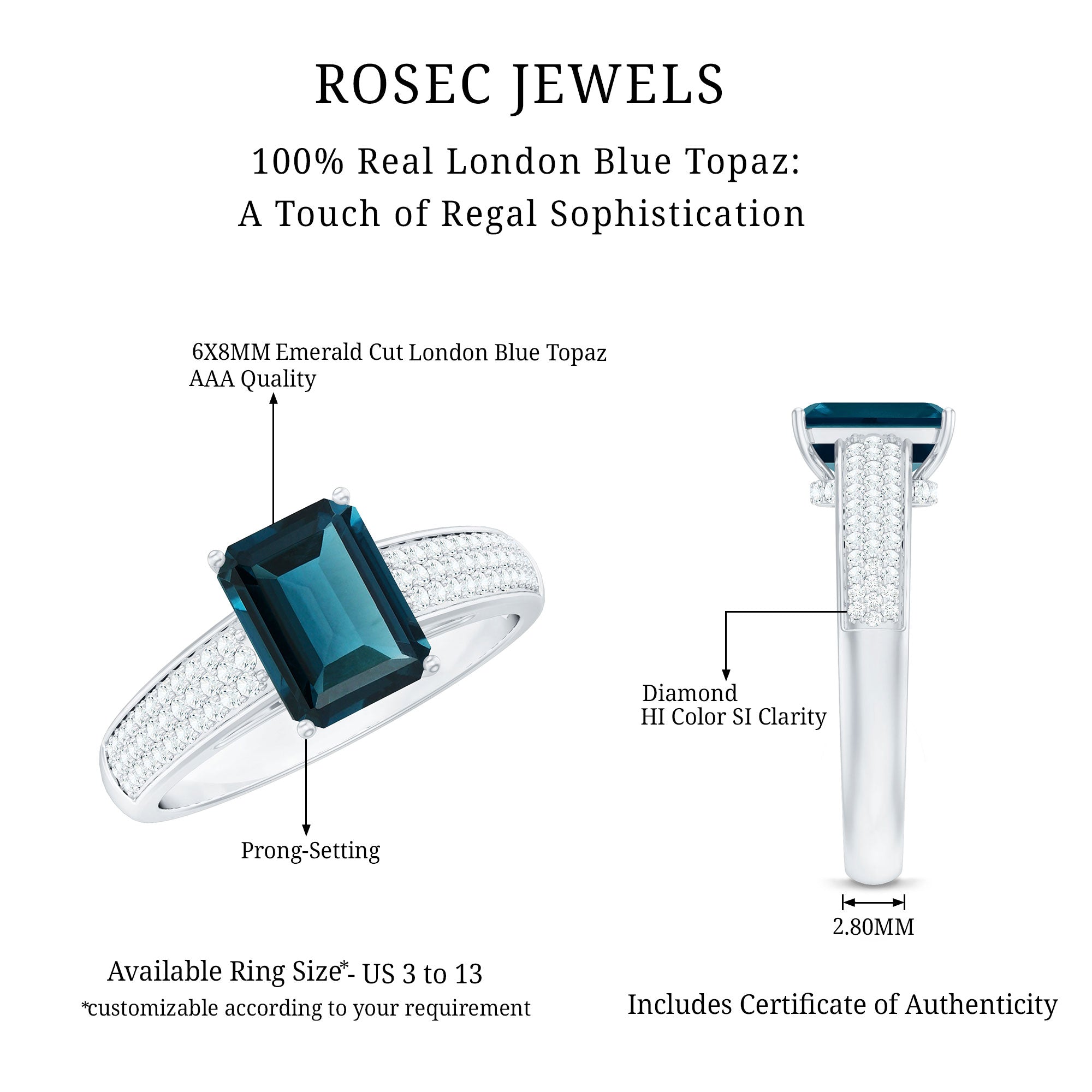6X8mm Emerald Cut London Blue Topaz Side Stone Engagement Ring with Diamond AAA - Rosec Jewels