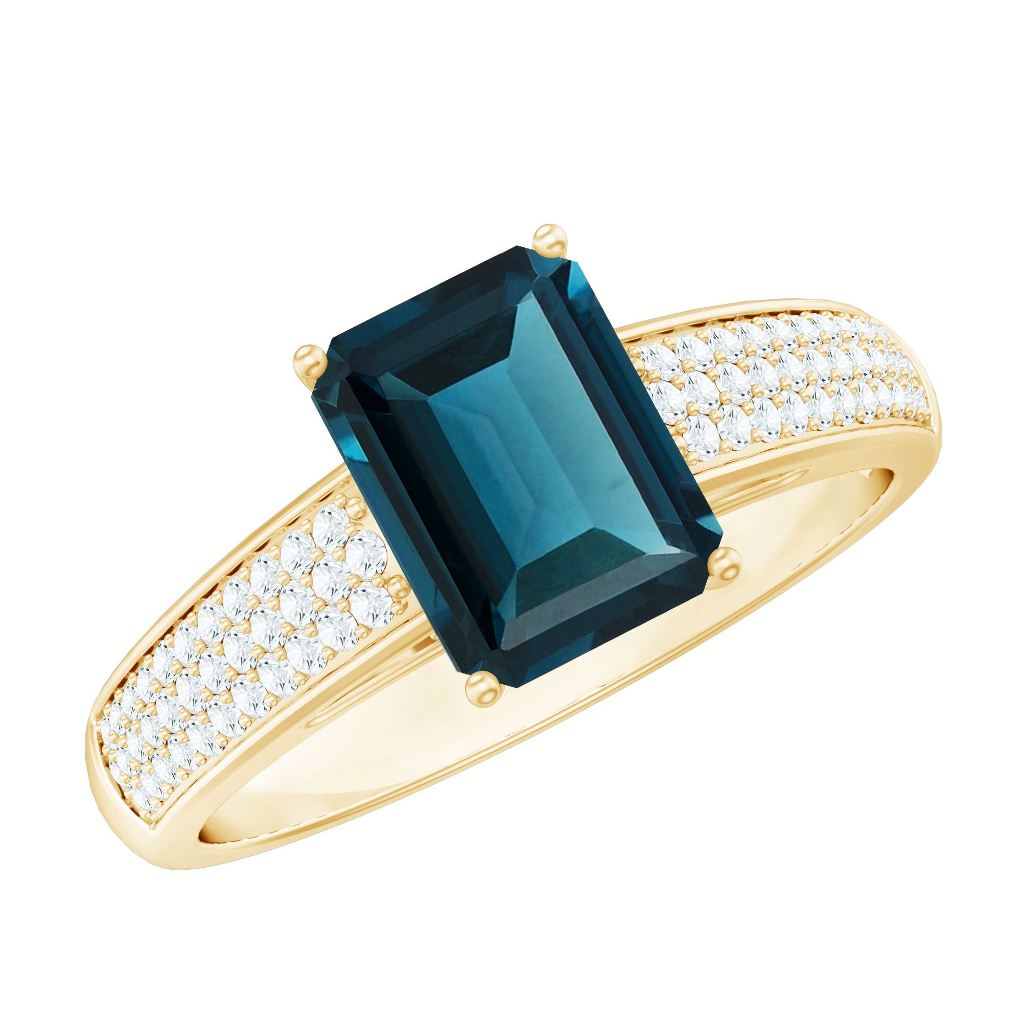 6X8mm Emerald Cut London Blue Topaz Side Stone Engagement Ring with Diamond AAA - Rosec Jewels