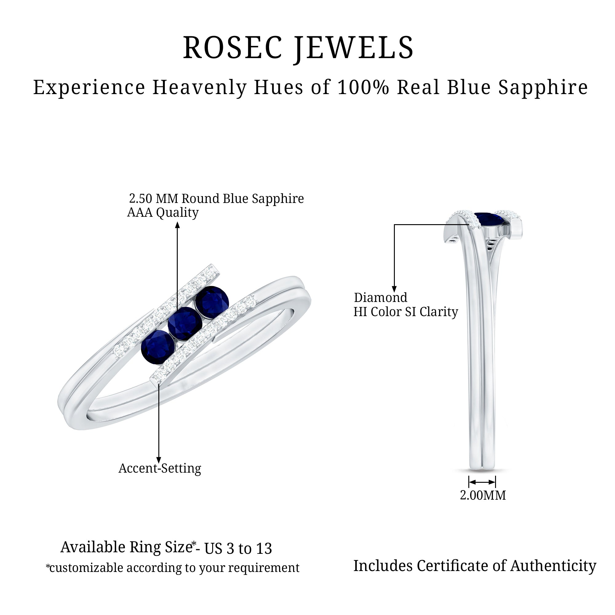 Rosec Jewels-Natural Blue Sapphire 3 Stone Promise Ring with Diamond Bypass Shank