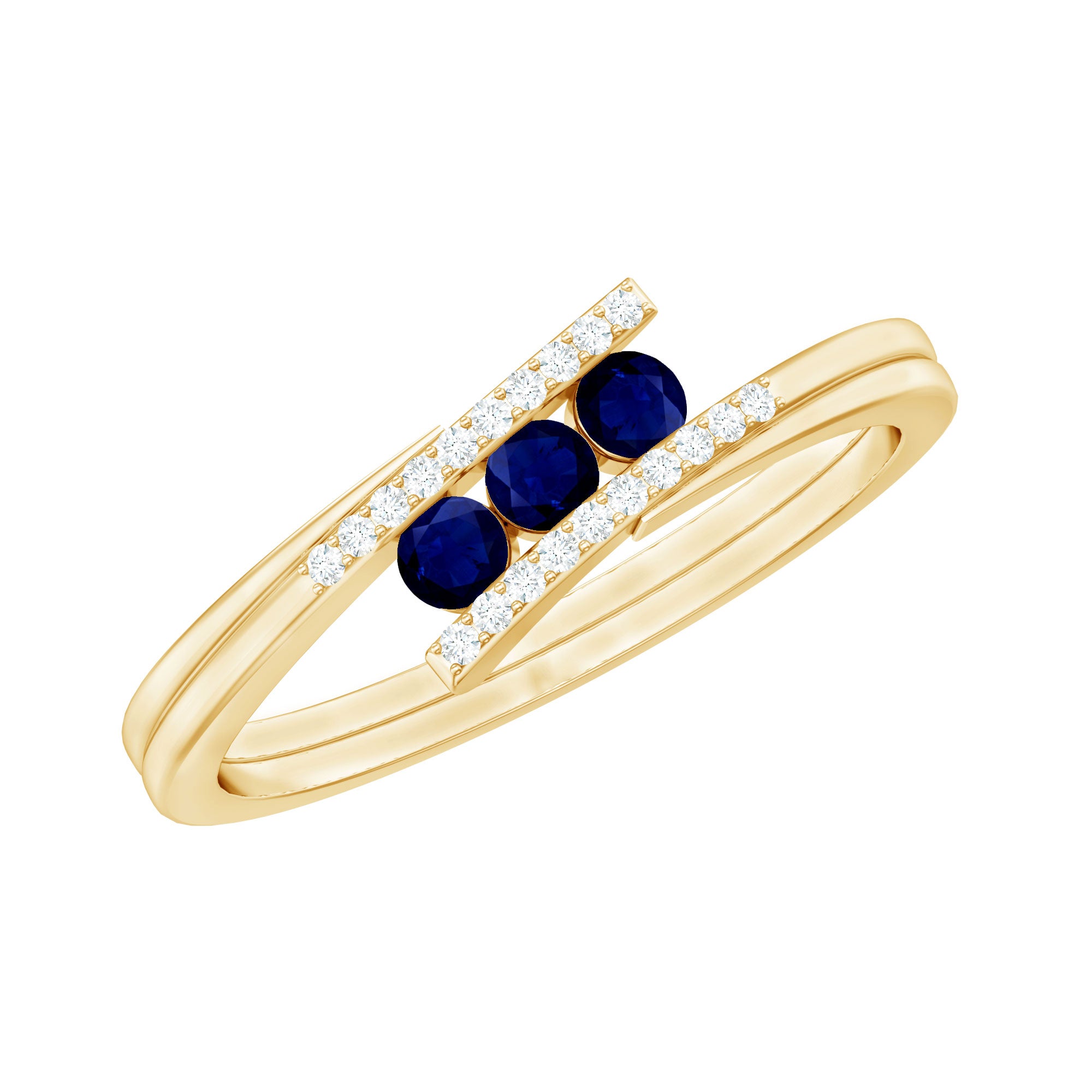 Rosec Jewels-Natural Blue Sapphire 3 Stone Promise Ring with Diamond Bypass Shank