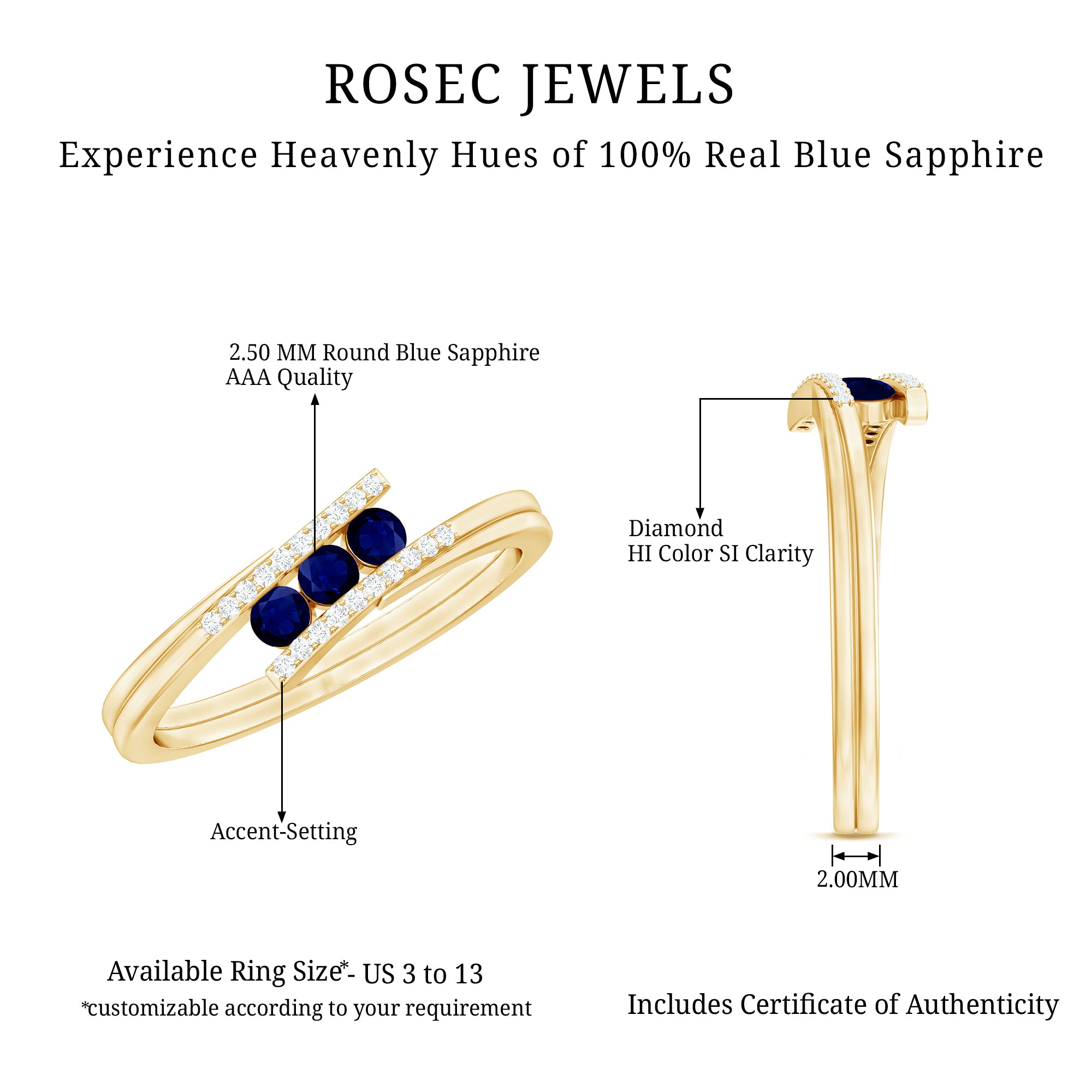 Rosec Jewels-Natural Blue Sapphire 3 Stone Promise Ring with Diamond Bypass Shank