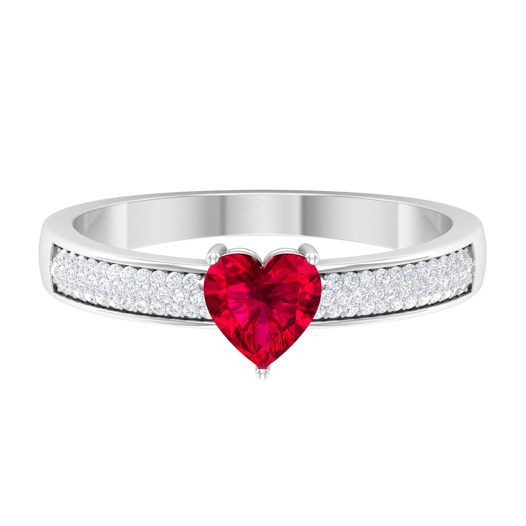 Ruby Heart Engagement Ring with Pave Diamond Ruby - ( AAA ) - Quality - Rosec Jewels