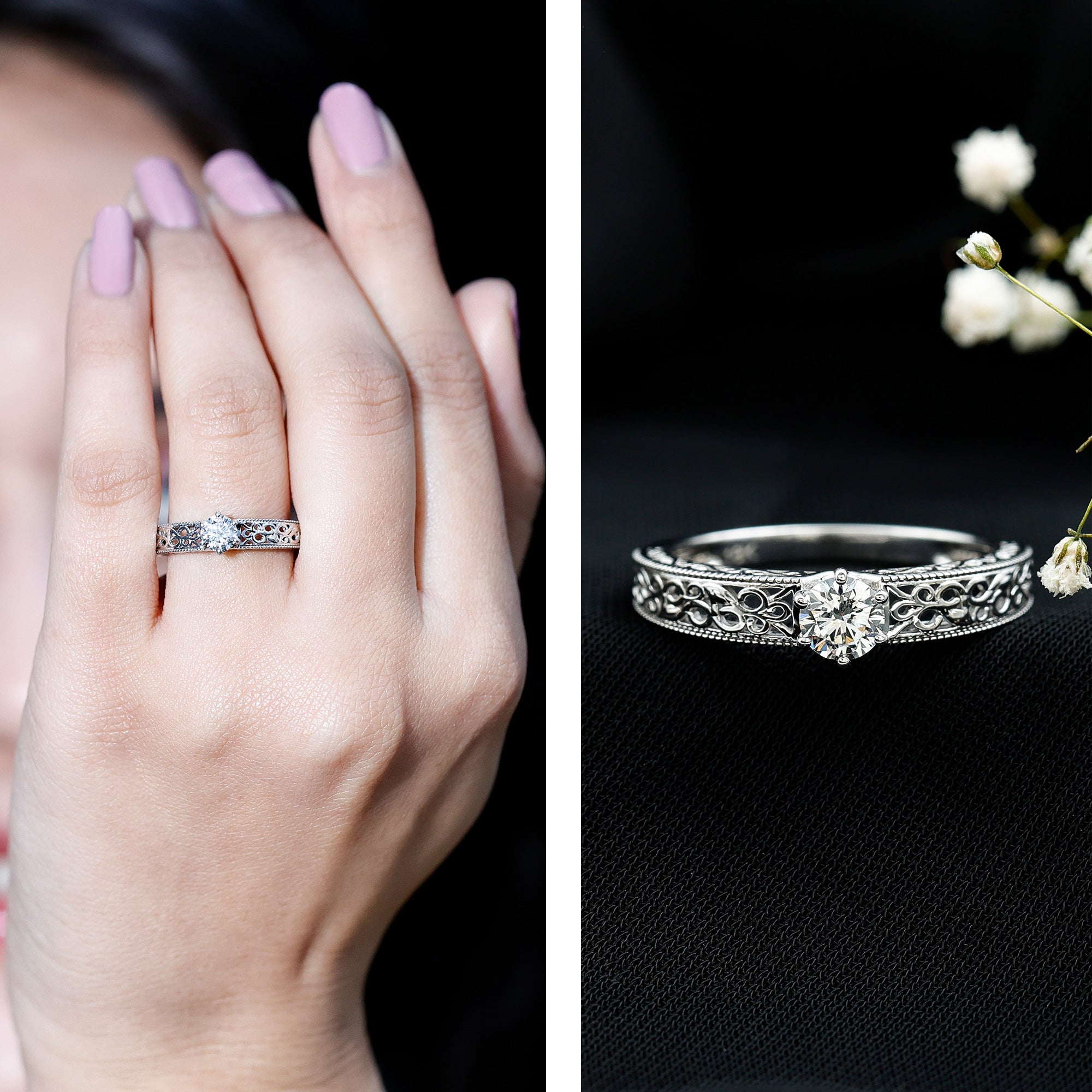 Round Cut Moissanite Solitaire Engagement Ring with Filigree Band D-VS1 - Rosec Jewels
