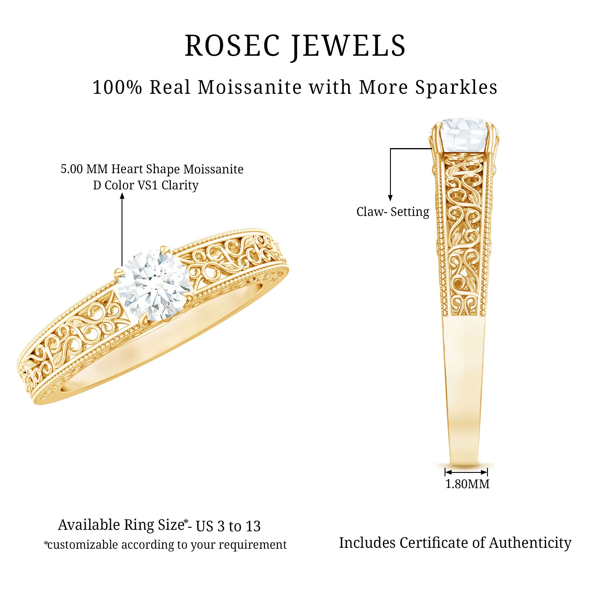 Round Cut Moissanite Solitaire Engagement Ring with Filigree Band D-VS1 - Rosec Jewels